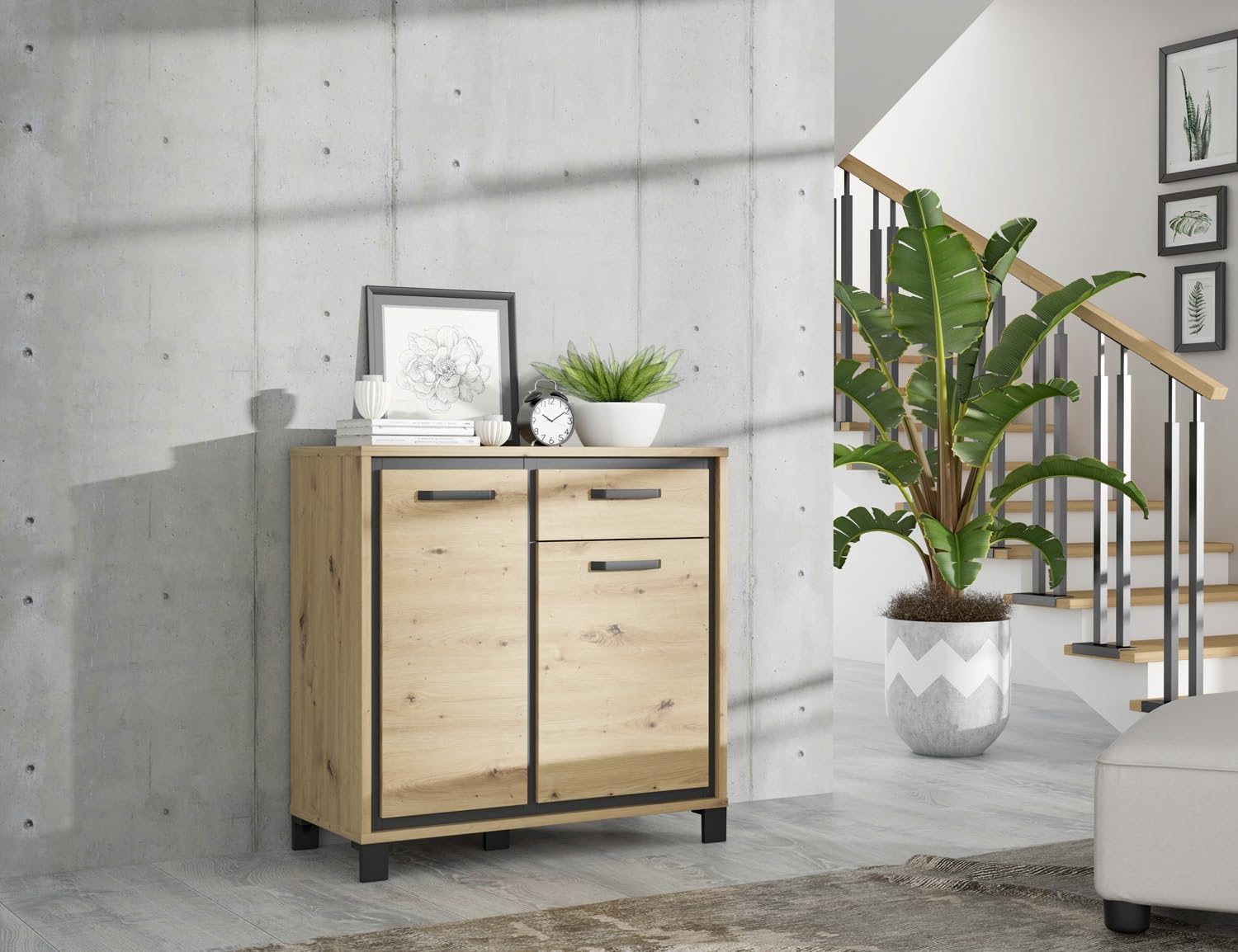 Forte TRONDHEIM Sideboard mit 1 Schublade und 2 Türen, Holzwerkstoff, Artisan Eiche/Schwarz Eiche, B x H x T: 91,4 x 91,2 x 41,5 cm
