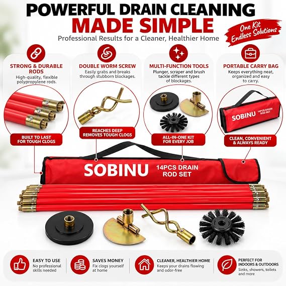 14 Piece Red Drain Rod Set Flexible PP Rods Plunger Scraper & Brush