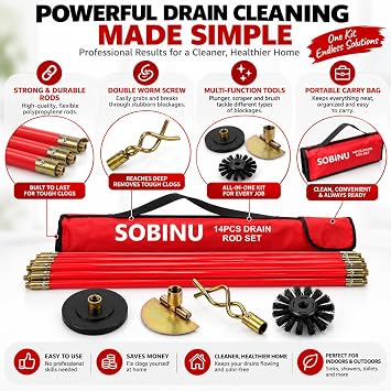 14 Piece Red Drain Rod Set Flexible PP Rods Plunger Scraper & Brush