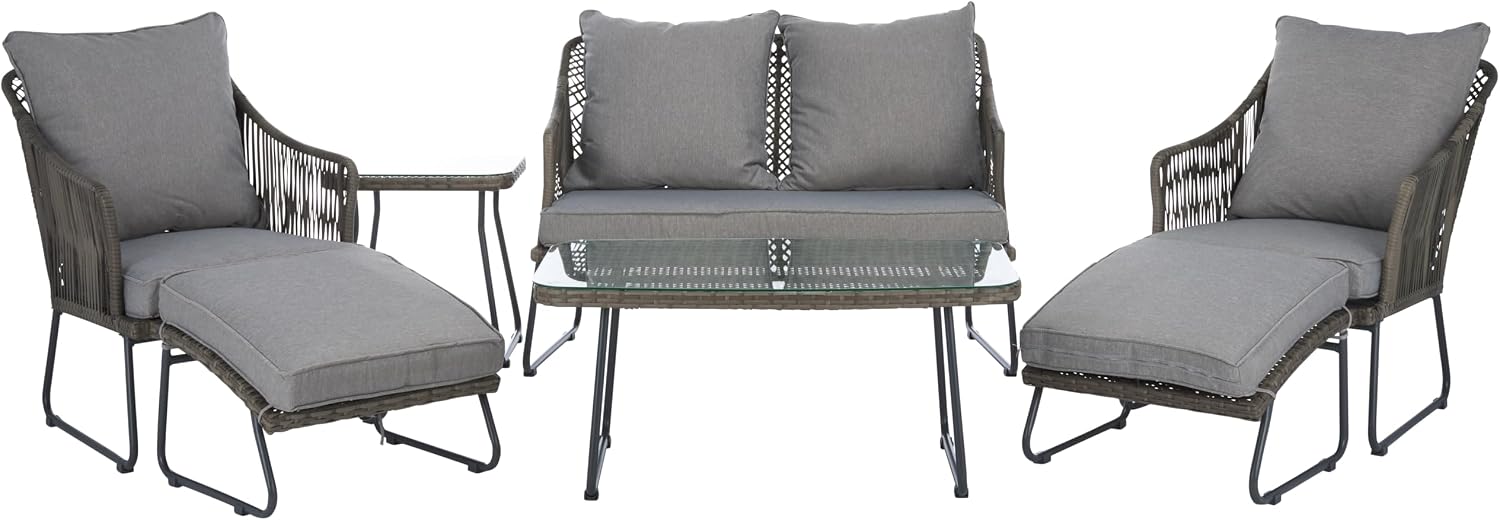 SAFAVIEH Outdoor Collection Lonra Natural Rattan/Grey Cushion 7-Piece Patio Chaise Lounge Set (PAT9019A-2BX)