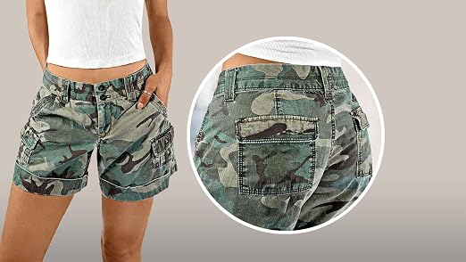 Women's Camo Print Bermuda Shorts - Cotton-Spandex Blend, Drawstring Waist, Patch Pockets, Mid-Rise Casual Shorts