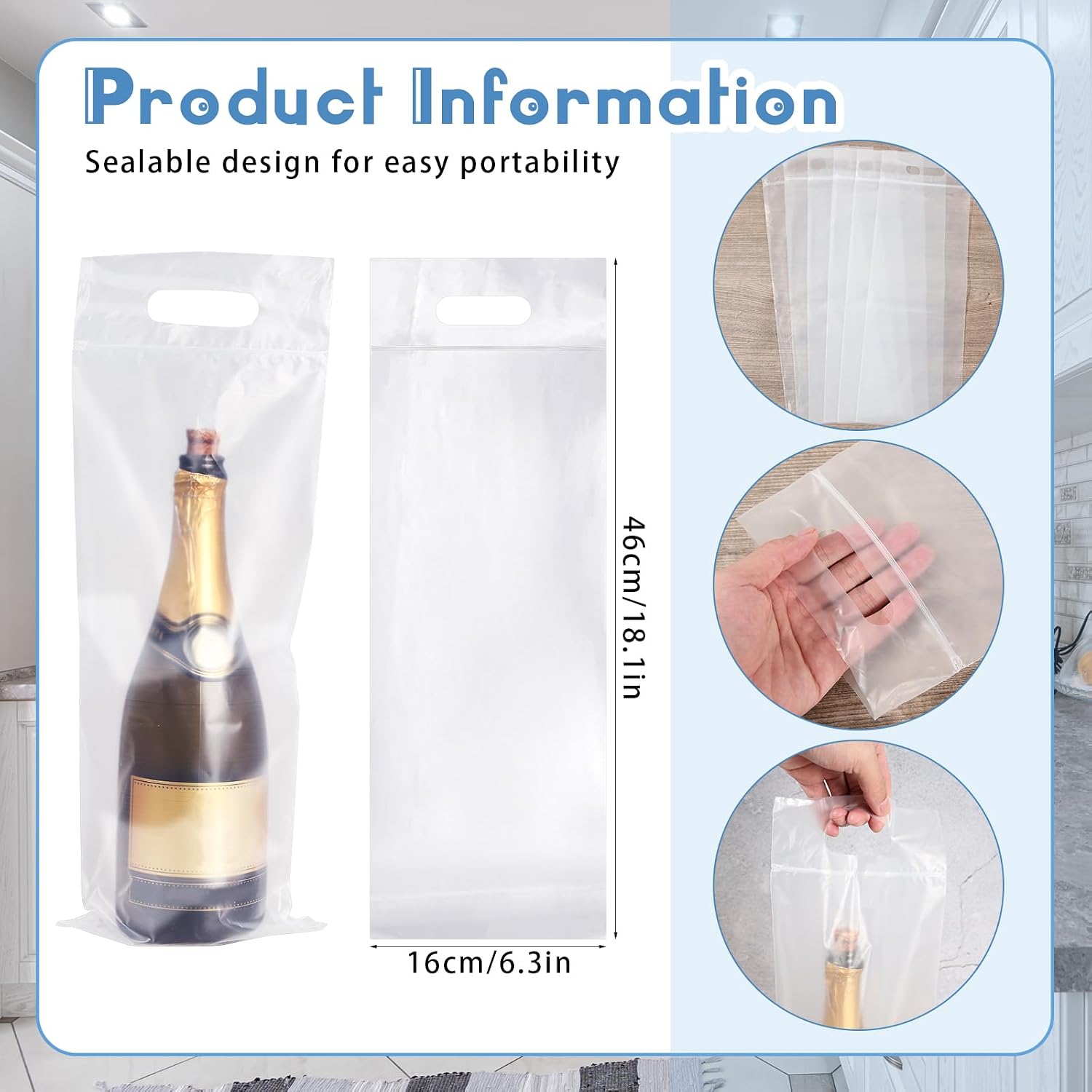 Gueevin 200pcs Wine to Go Bottle Bags with Handle, Carryout Adhesive Seal Tamper Proof Plastic Travel Wine Bags for Restaurant Bar Gift Wrapping Bag (Clear,18.1x6.3inch for 750ml Bottle)