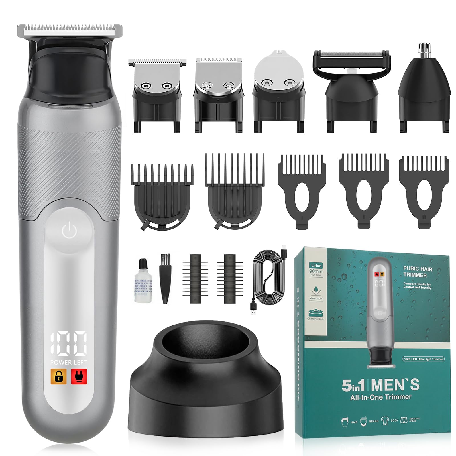 SUNNOW Rasoio elettrico 5 in 1 per capelli, per uomo, per uomini e bagnati, impermeabile, con luce LED, regalo per marito e papà