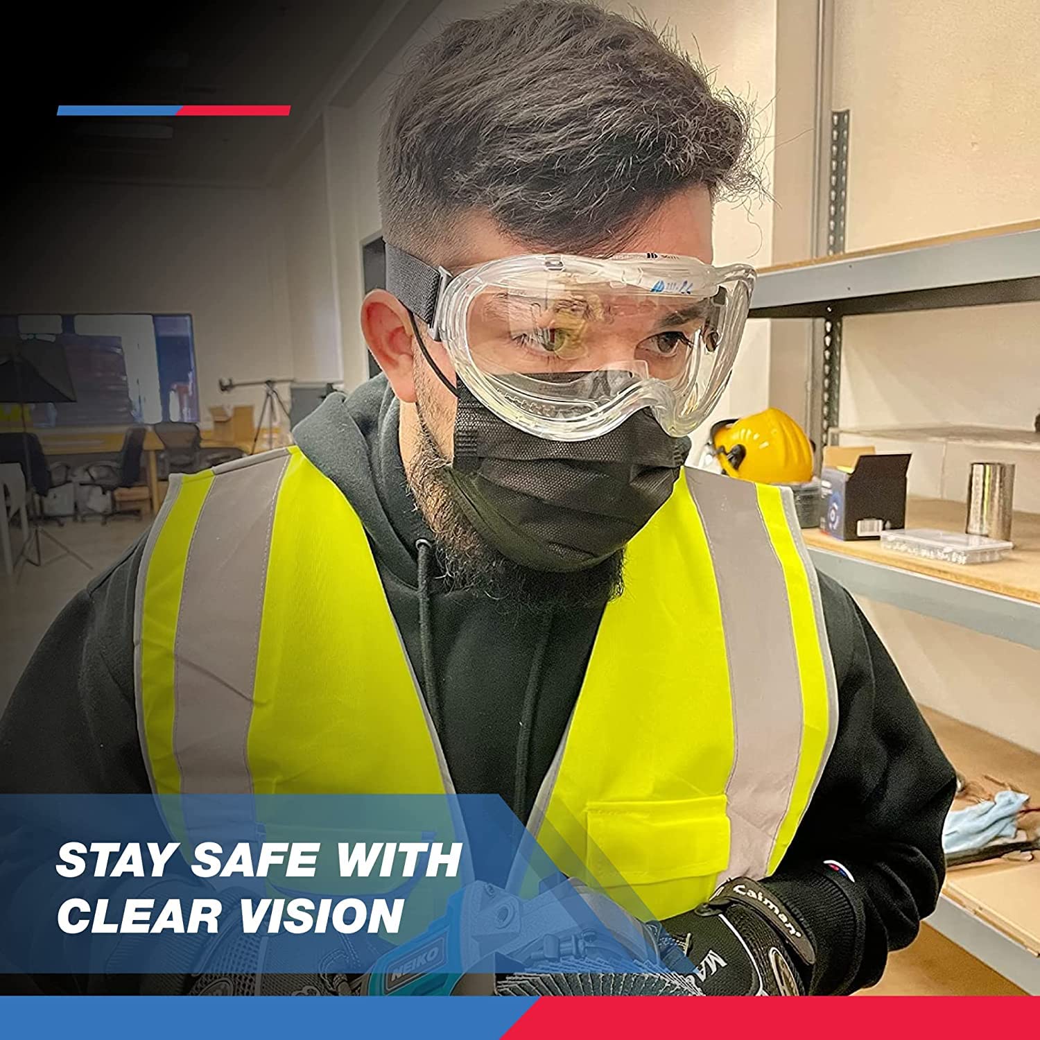 NEIKO Pro 53875B Clear Protective Lab Safety Goggles 2 pack, Chemistry, Scientific, Construction Goggles, Contractor Work, Woodworking, Anti-Fog and Splash, Includes Indirect Vent and for Men & Women