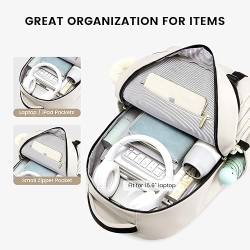 Miniatura 9 de LOVEVOOK Mochila para laptop para mujer bolsas de computadora de negocios para viajes de trabajo, Beige-Negro, Mochila