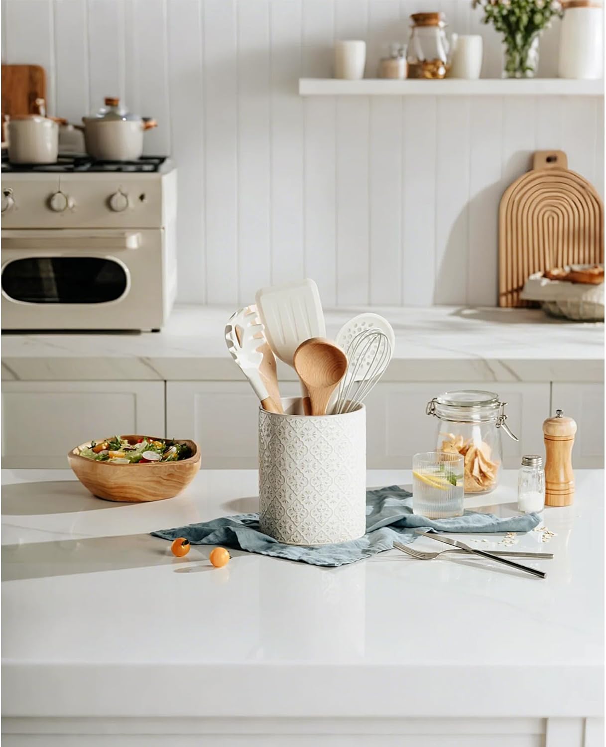 キッチン用品ホルダー 6x7インチ 大型セラミック食器ホルダー エンボス模様 キッチンカウンタートップ用調理用具クロック ホームデコ