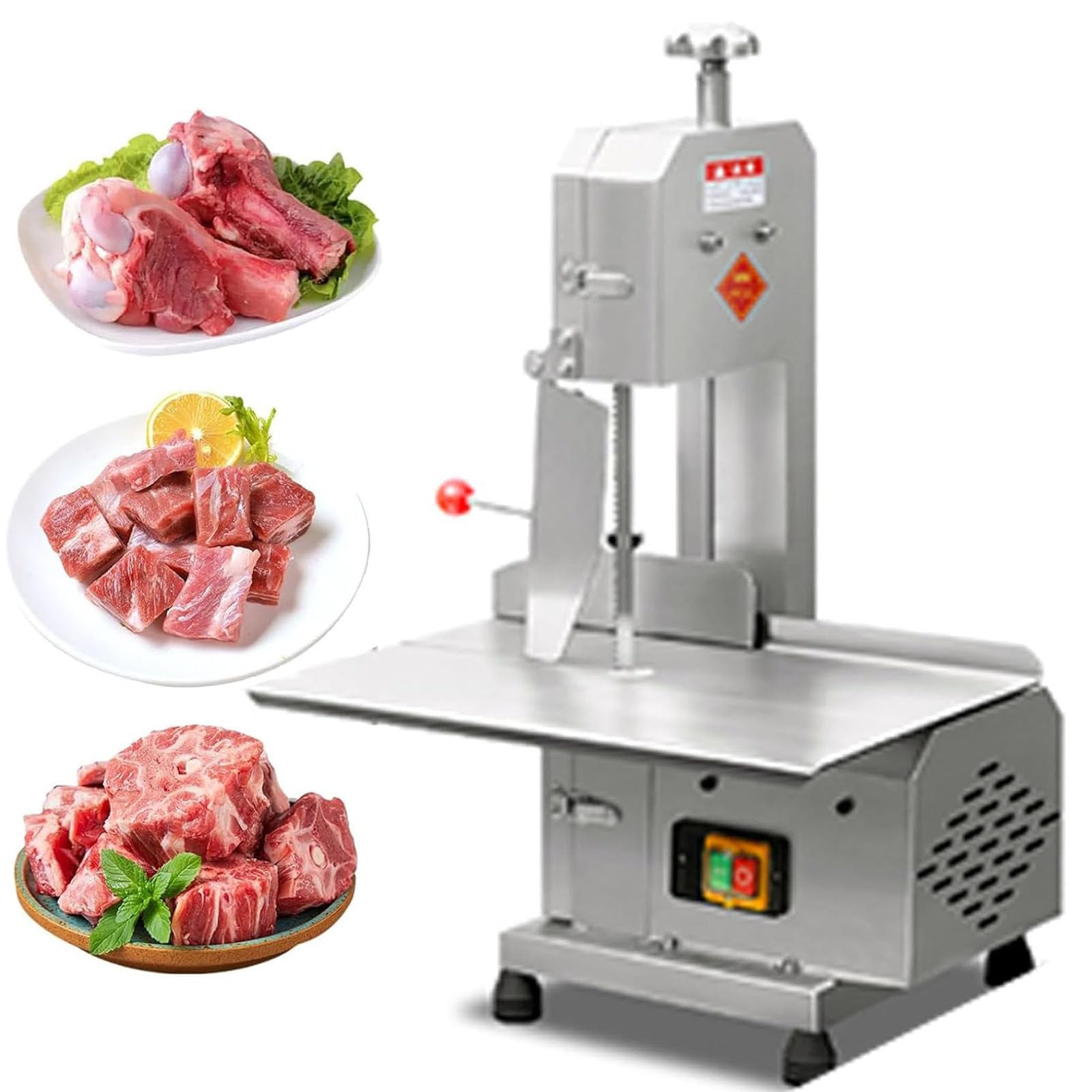 TIANQIHAO Meat Cutting Bandsaw Machine, 750W Electric Bone Saw For Butchering With 47 X 32.5Cm Stainless Steel Workbench, 6 Saw Blades, 0-13Cm Cutting Thickness, Fro Zen Meat Cutte