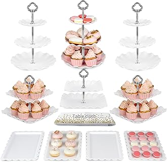 Pack of 10 NWK Cake Stand Set, Cupcake Stand, with 3 x Two-Tier and 3 x Three-Tier Cupcake Stands, 4 x Appetizer Trays, 1 x Tablecloth for Birthday Bridal Baby Shower Party (Silver)