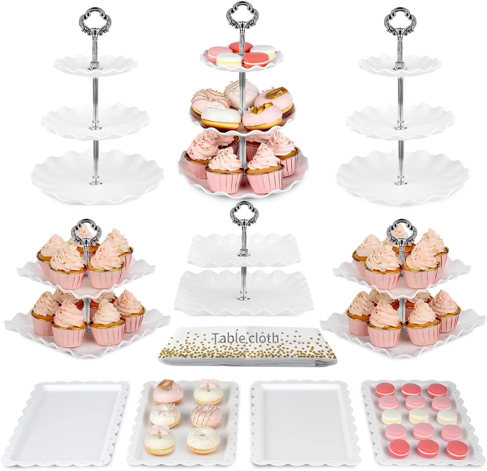 Pack of 10 NWK Cake Stand Set, Cupcake Stand, with 3 x Two-Tier and 3 x Three-Tier Cupcake Stands, 4 x Appetizer Trays, 1 x Tablecloth for Birthday Bridal Baby Shower Party (Silver)