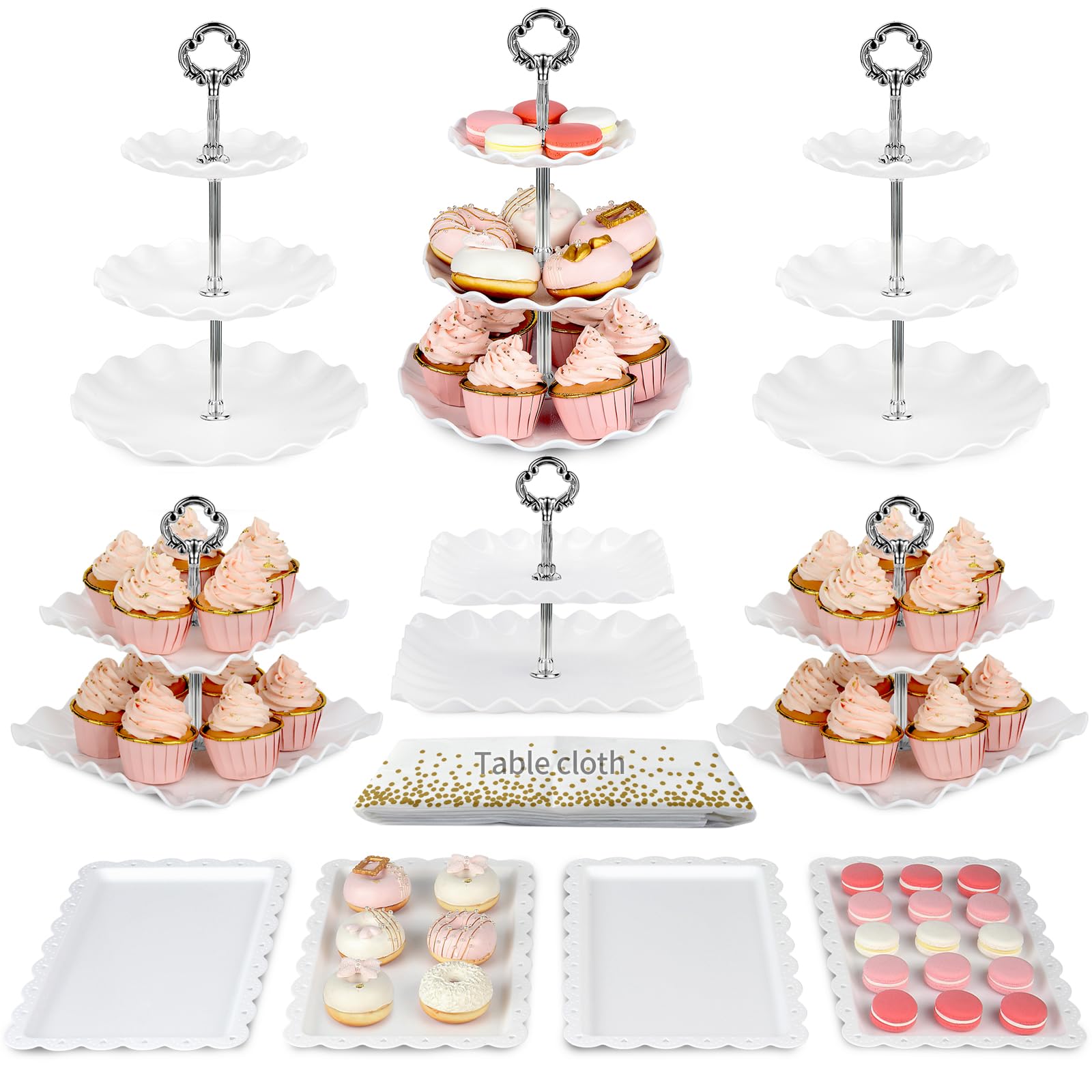 Pack of 10 NWK Cake Stand Set, Cupcake Stand, with 3 x Two-Tier and 3 x Three-Tier Cupcake Stands, 4 x Appetizer Trays, 1 x Tablecloth for Birthday Bridal Baby Shower Party (Silver)