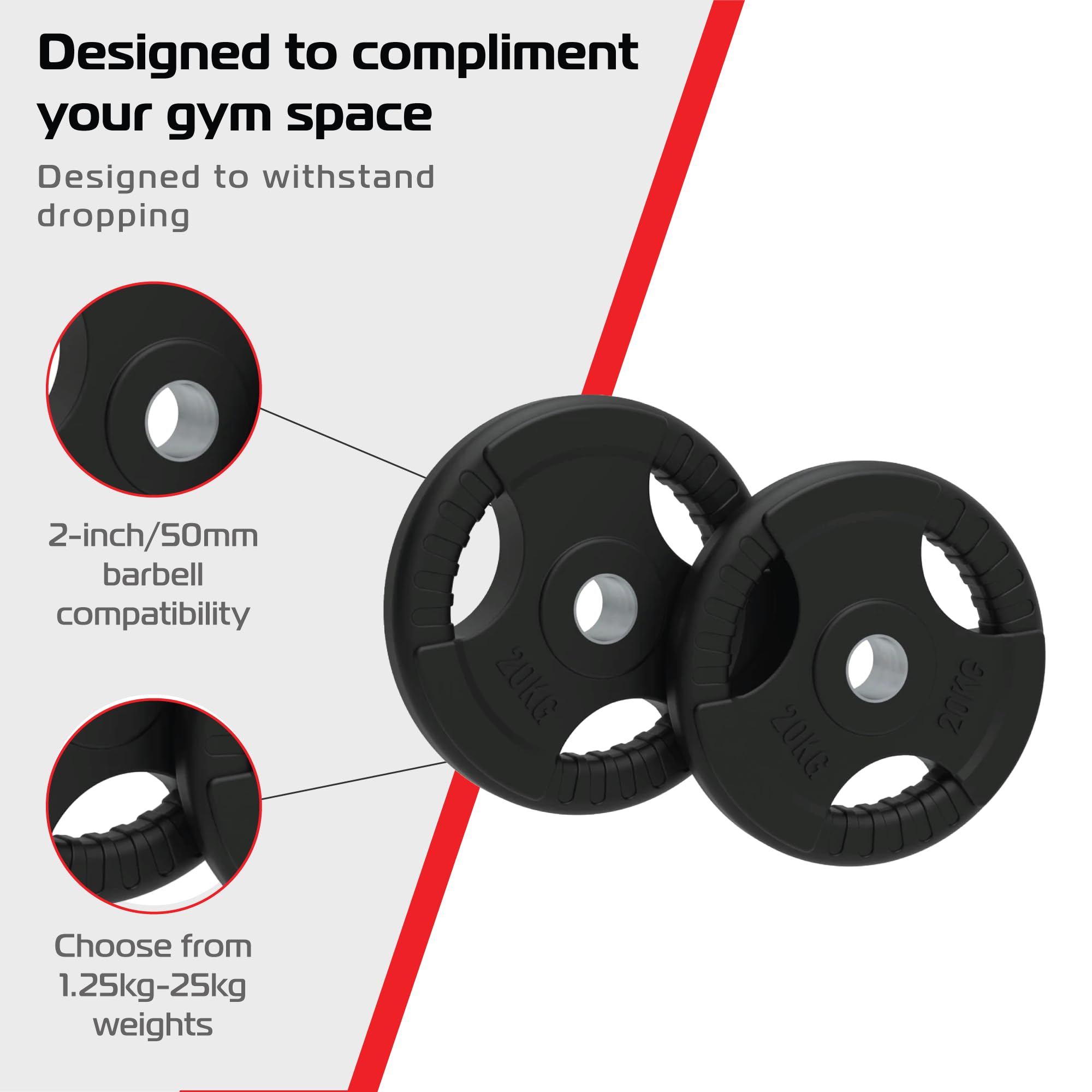 Body Revolution Olympic talerze do sztangi – powlekane gumą – tri Grip Radial – zakres ciężarów i rozmiarów sprzedawanych oddzielnie (20 kg pary)