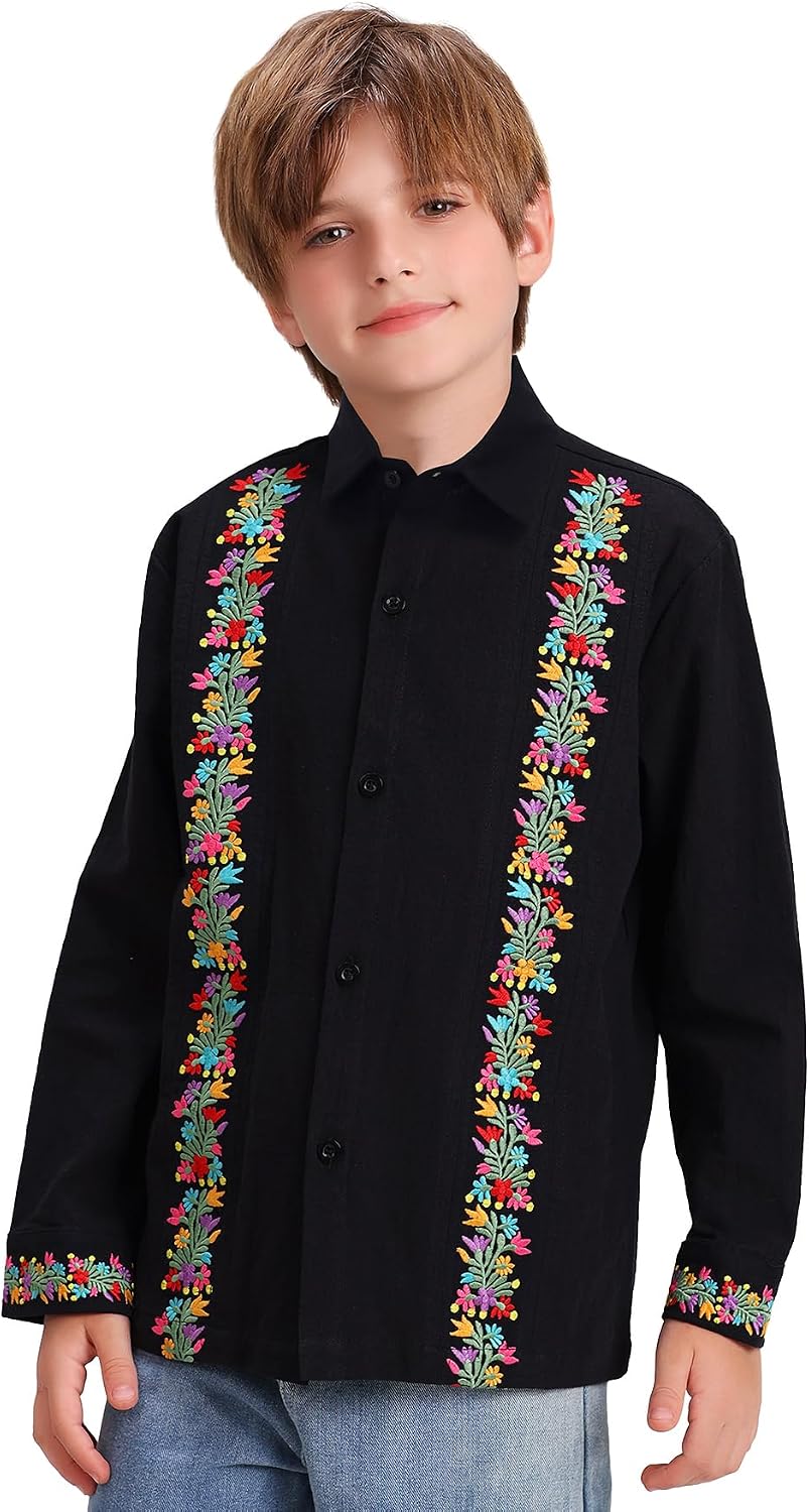 Mexican Shirts for Boys Guayabera Traditional Embroidered Kid Cinco De Mayo Fiesta Collared Long Sleeve