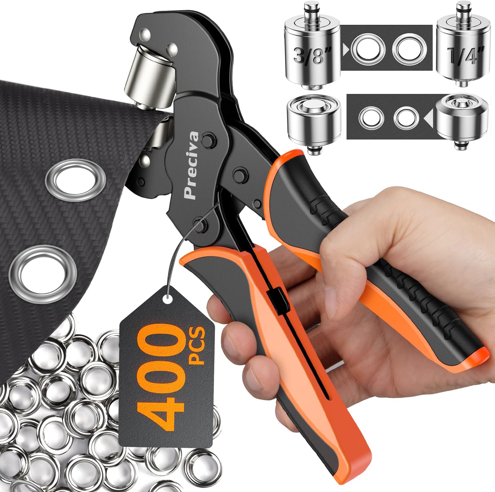 Grommet Tool Kit of 3/8" and 1/4", Preciva 𝐈𝐧𝐭𝐞𝐫𝐜𝐡𝐚𝐧𝐠𝐞𝐚𝐛𝐥𝐞 𝐃𝐨𝐮𝐛𝐥𝐞 𝐇𝐞𝐚𝐝 Handheld Grommet kit with 400pcs Silver Grommets for Advertising Poster, Banner, Ponchos, Cardboard