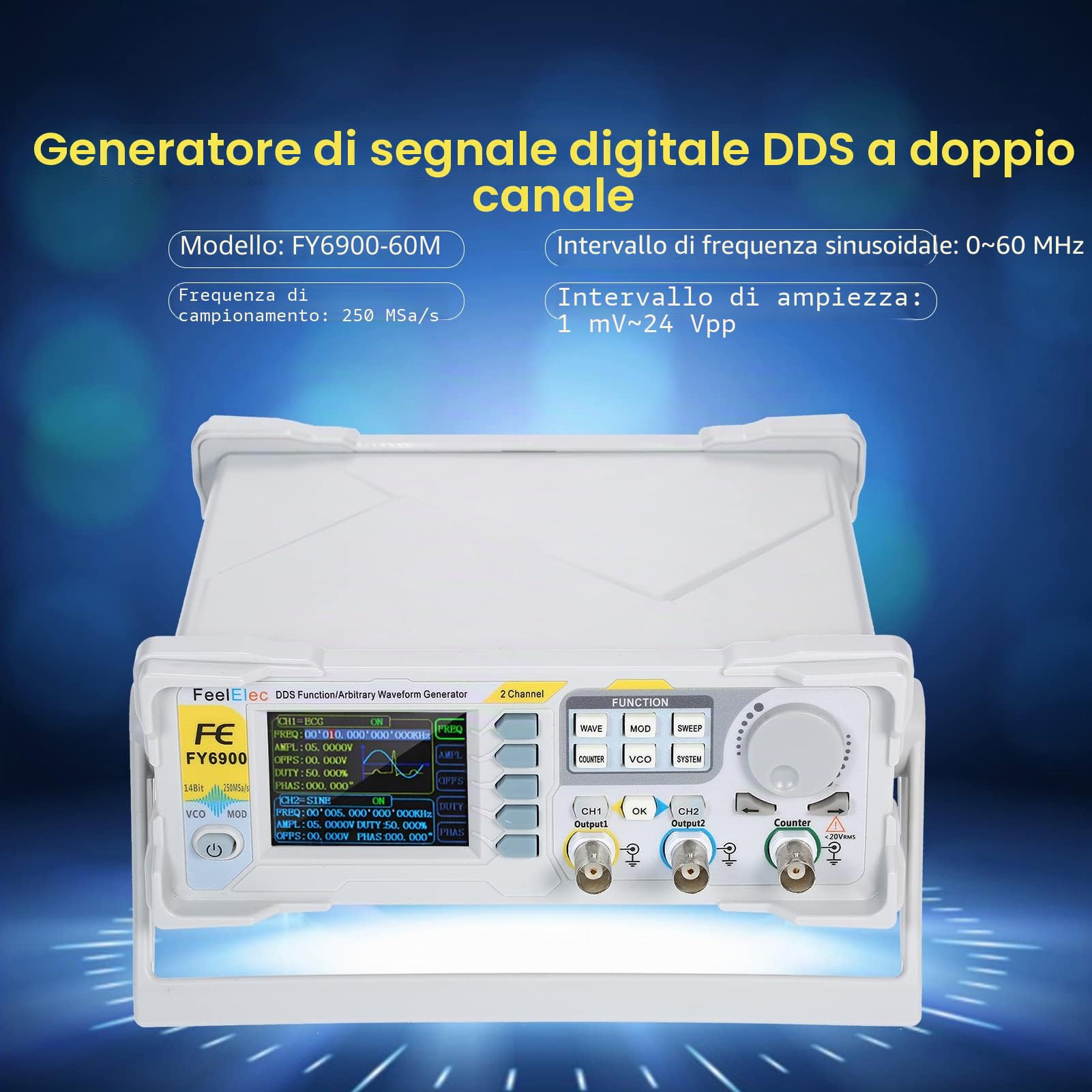 Weytoll Generatore di Segnale Funzione 60 MHz DDS Digitale, Forma d'Onda Arbitraria,Sorgente Segnale Impulso, Misuratore Frequenza 250MSa/s, Burst VCO,Modulazione AM/PM/FM/ASK/FSK/PSK, Generatore DDS