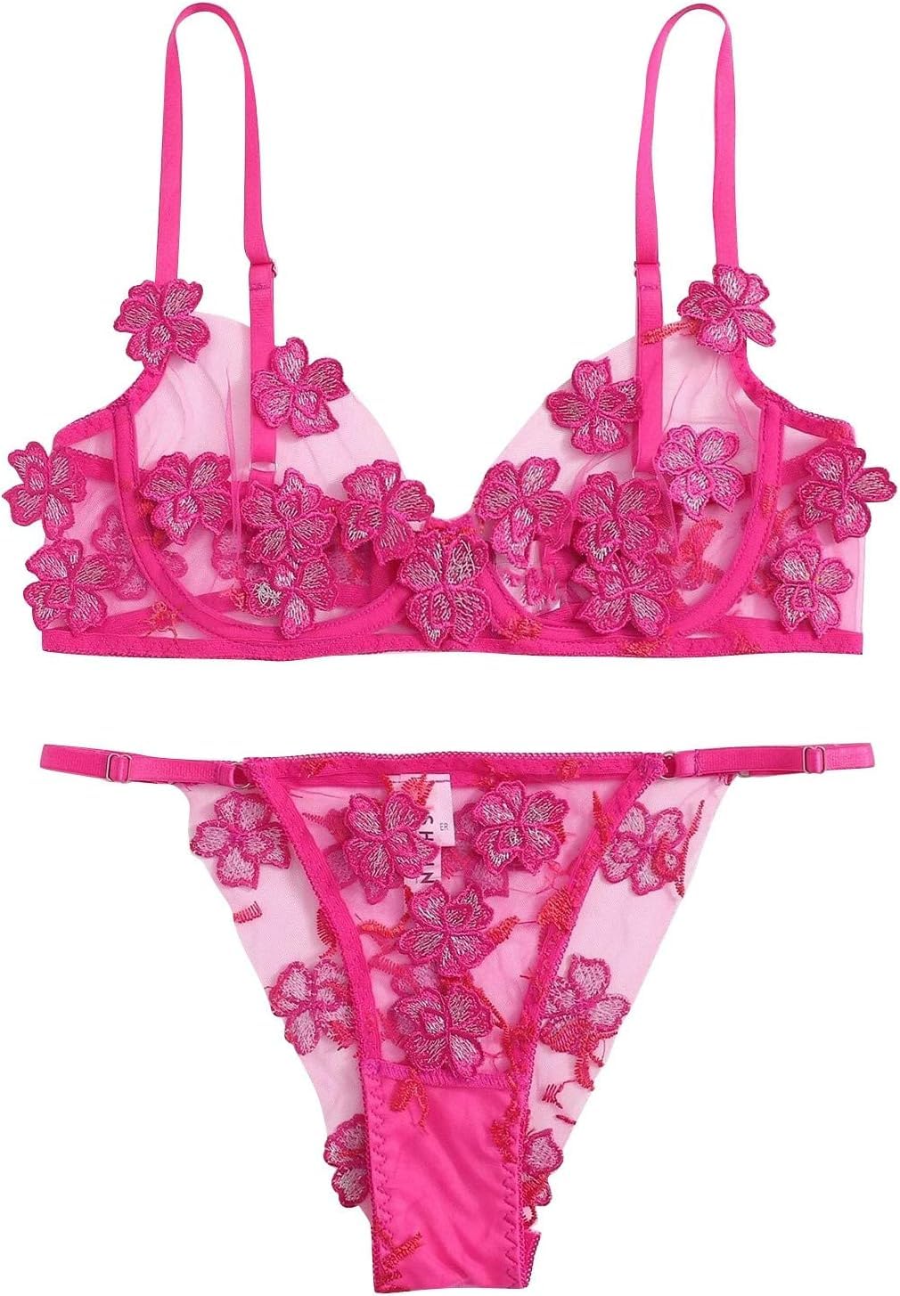 Ensemble lingerie broderie fleurs rose fuchsia taille S avec soutien-gorge transparent et string