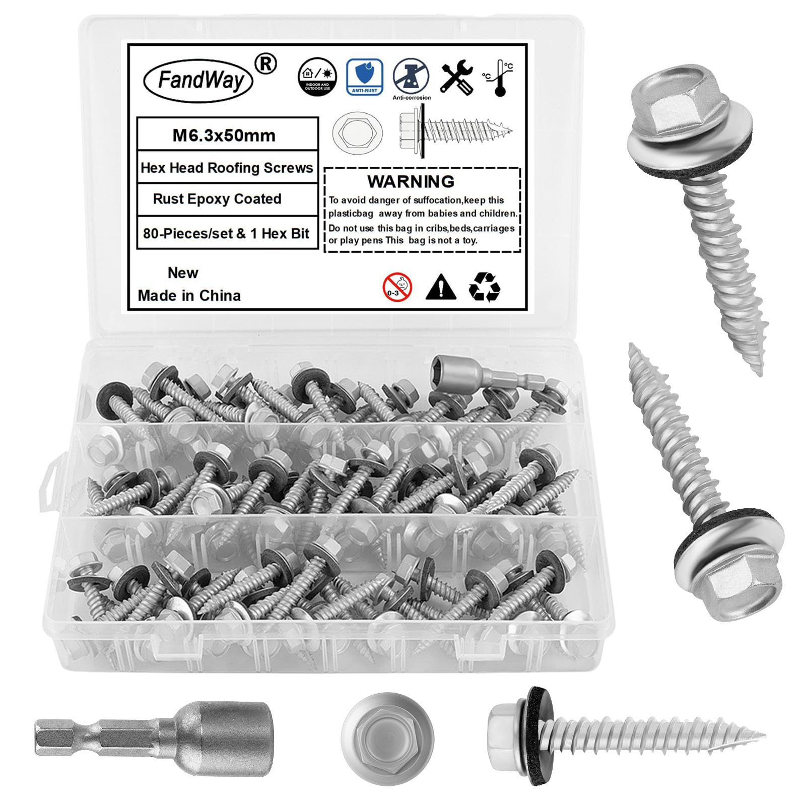 FandWay M6.3x50mm Self-Drilling Roofing Screws,80pcs Hex Head Sheet Metal Tek Screws,Rust Epoxy Coated Self Tapping Wood Siding Screw With EPDM Washer and Hex Drive for Corrugated Roofing