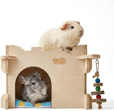 YKD Castle Chinchilla House, Small Animal Hideout for Chinchilla, Guinea Pig, Hedgehog, or Rat, Ventilated Wooden Guinea Pig Hut Habitat with Multiple Doors Medium