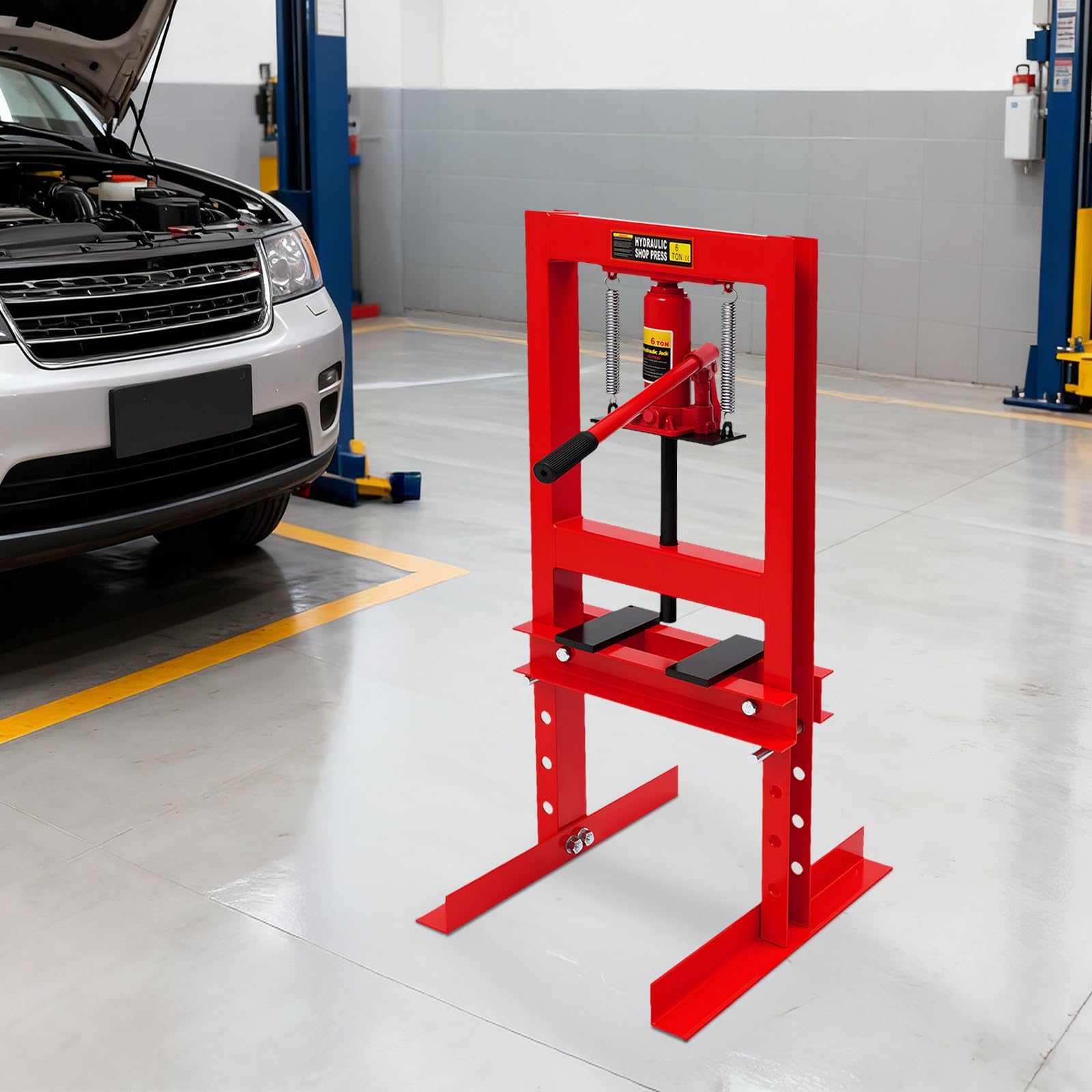 Pressa idraulica 6T H Workshop 13227lbs Regolabile Corsa 125mm Manuale | Pressa idraulica 6T H, telaio in acciaio 4 altezze regolabili, corsa 125mm, valvola di sicurezza, officina garage meccanica.