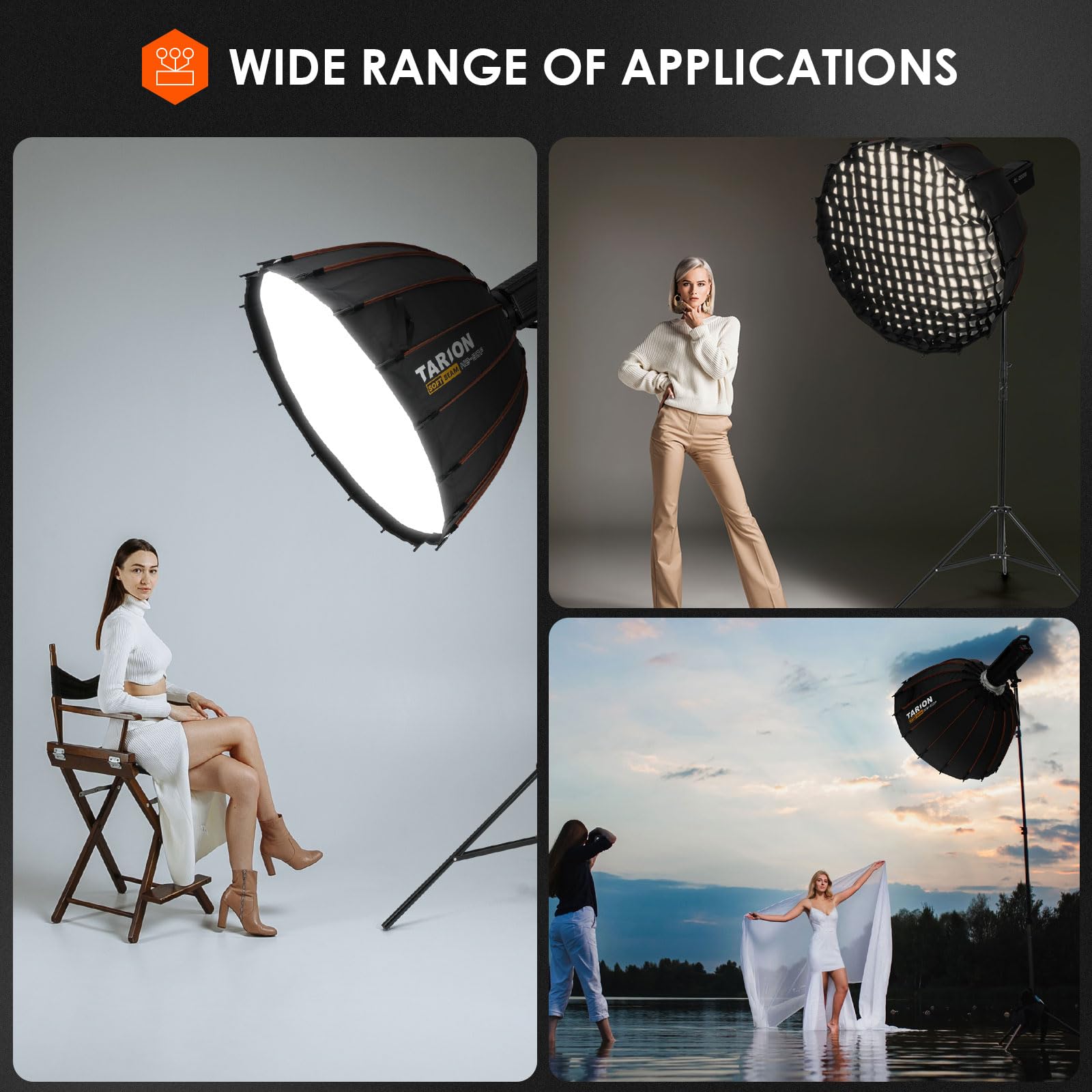 TARION Paraboliczny uchwyt Softbox Bowens: 60 cm Parabolic Softbox Quick Release z dyfuzorem/kratką/torba do studia fotograficznego wideo COB światło Live Streamen (60 cm)