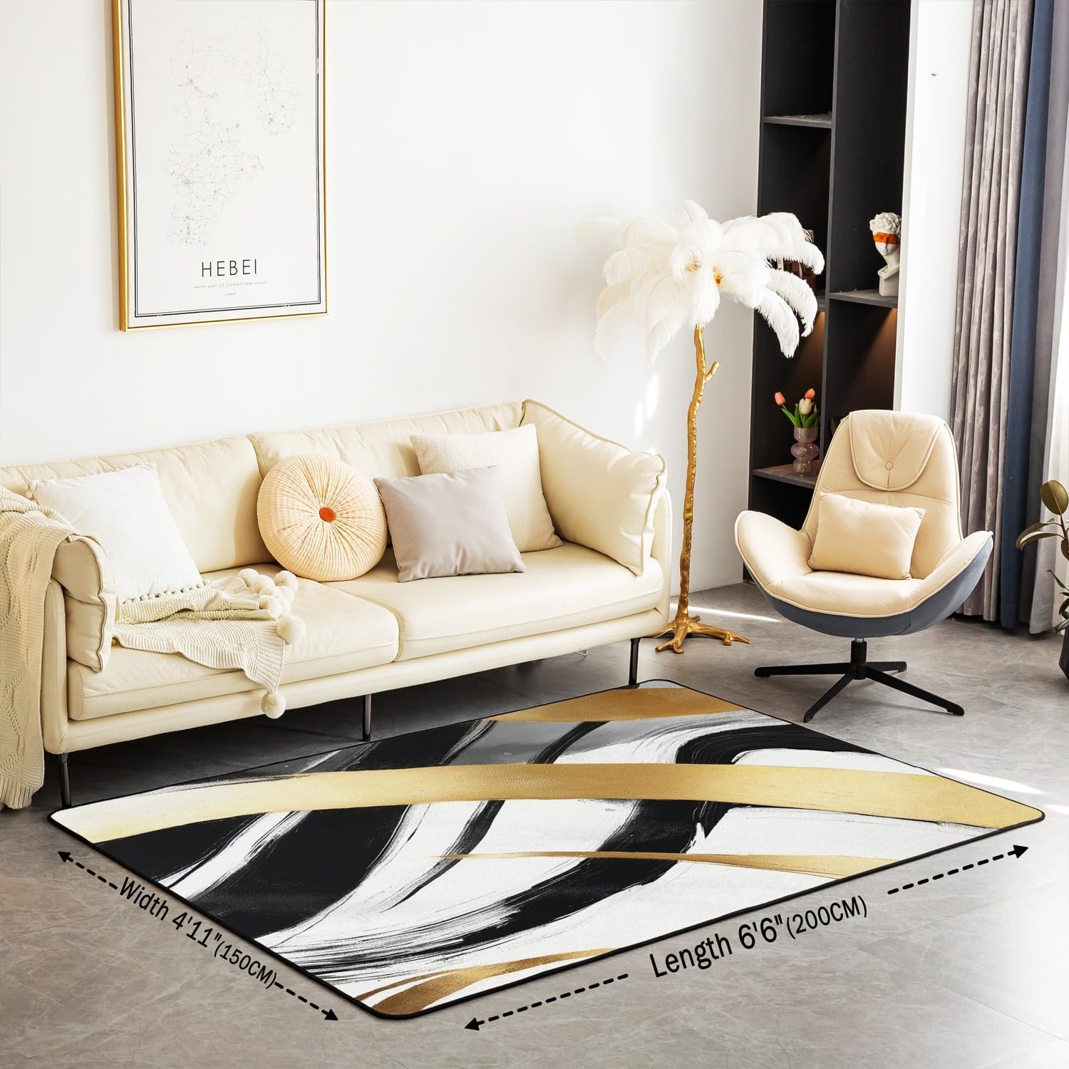 jejeloiu Black White Gold Area Rug 5x7 Kids Abstract Line Living Room Rugs for Bedroom Modern Geometric Indoor Floor Mat Polyester Room Decor