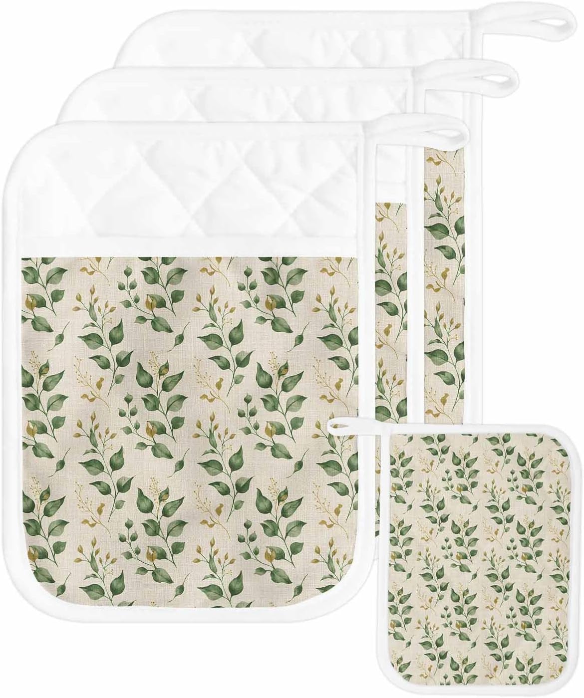 5 Pack Pot Holder with Pocket, Green Watercolor Leaves Seamless Kitchen Potholders Heat Proof Non Slip Pot Holders Sets, Fallen Leaf Retro Linen Hot Pads Potholder for Cooking Baking BBQ