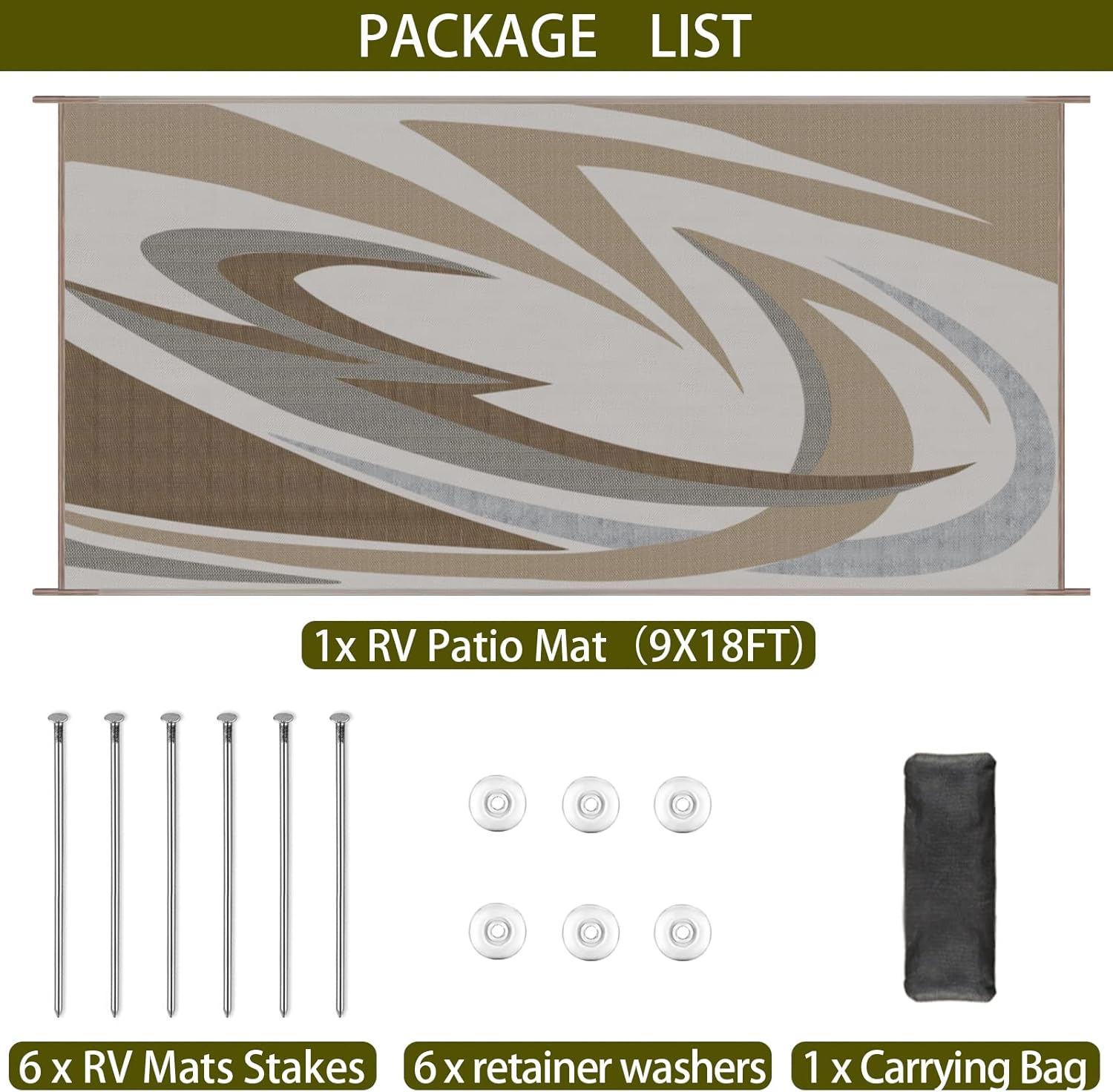 EEZ RV Products 9'x18'BWW Heavy Duty Reversible/Durable Outdoor Patio/RV Mats - Perfect for RVing (9ft x18ft Brown) Come with Large Storage Bag & 6 Sets of Stakes and Washer