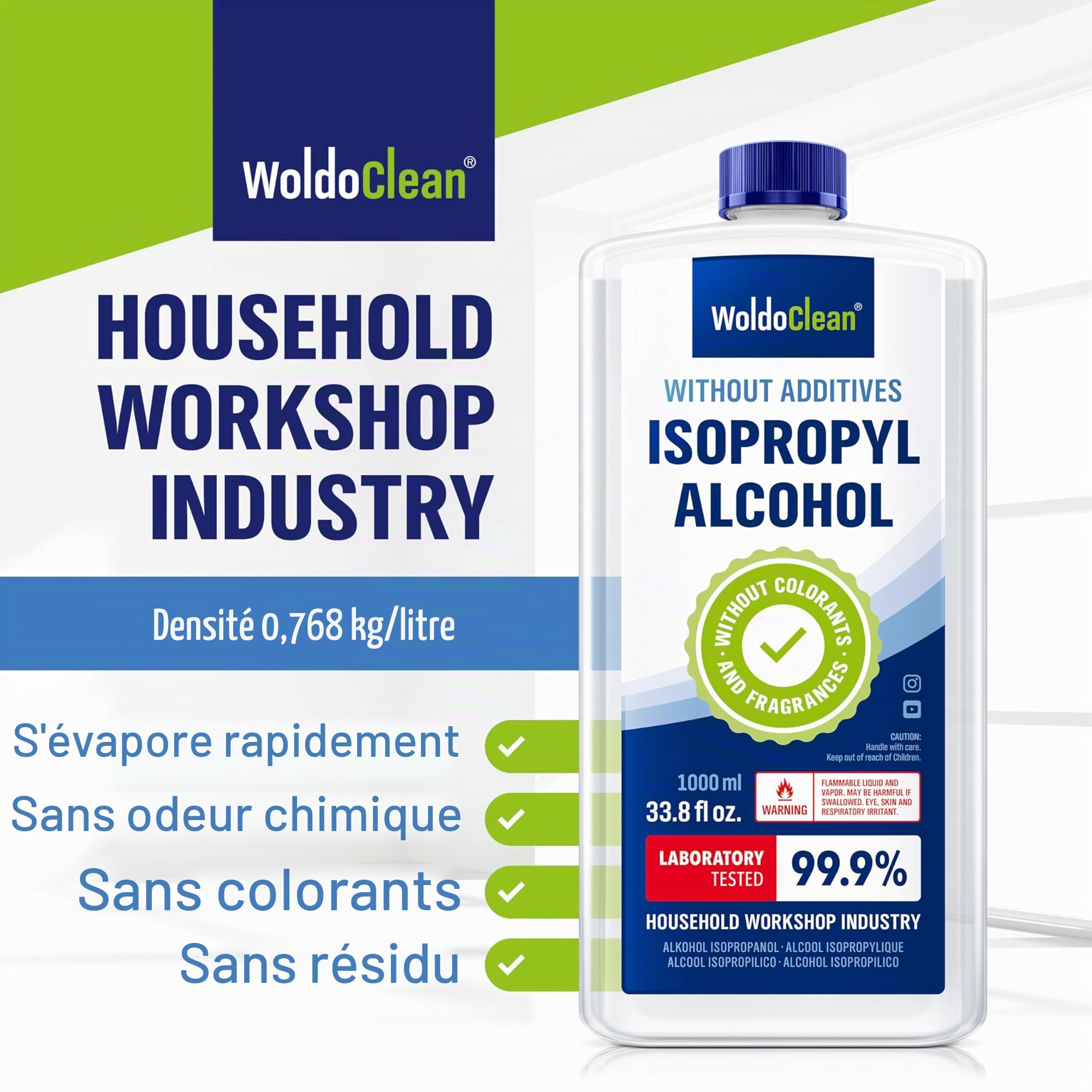 WoldoClean Isopropanol 99,9% Alcool Isopropylique 1L - IPA Haute Pureté, Incolore & Inodore, Sans Résidu pour Électronique, Imprimante 3D, Verre & Métal