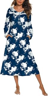 Long Sleeve Nightgowns for Women Long Sleepshirts Button Night Gowns Sleepwear Full Length Sleep Dress with Pockets