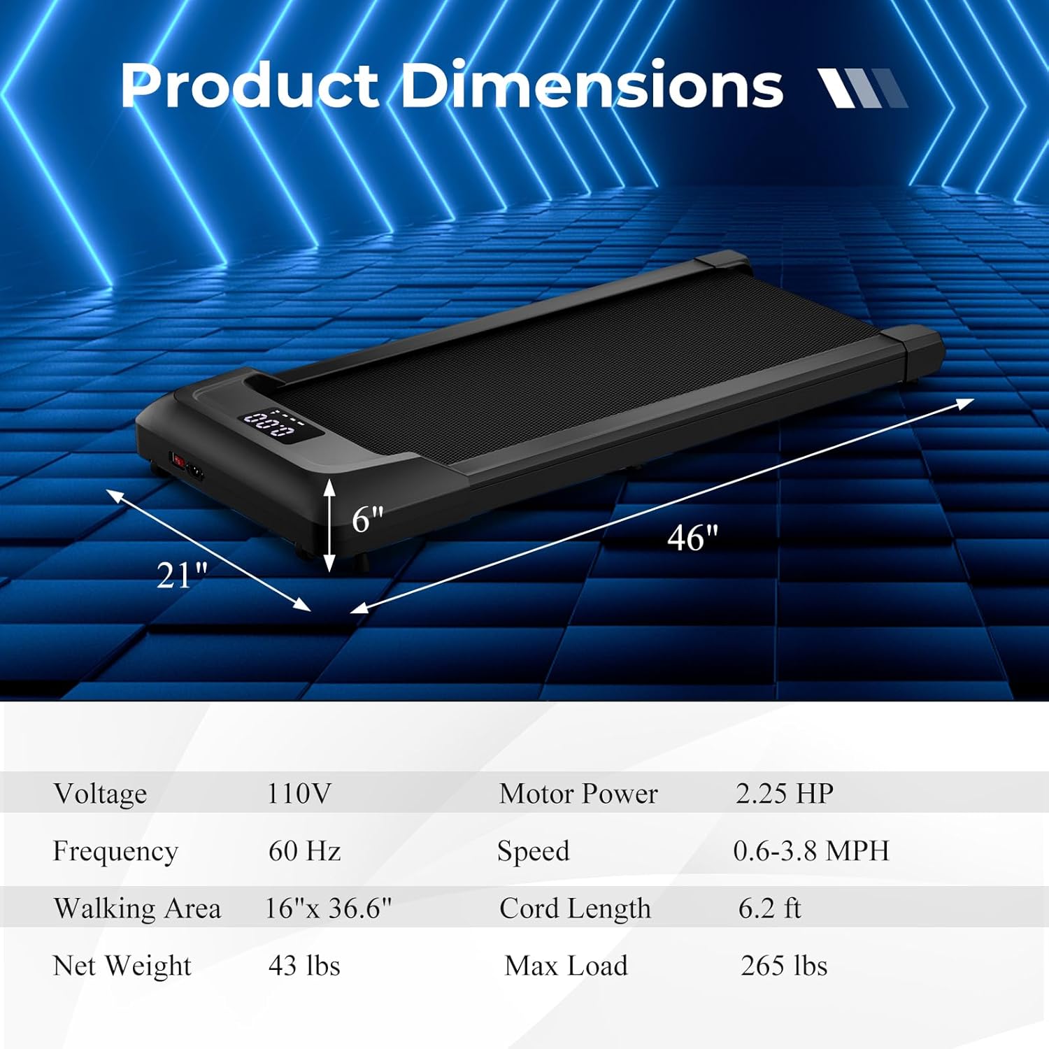 Diagram showing product dimensions and a table of specifications.
