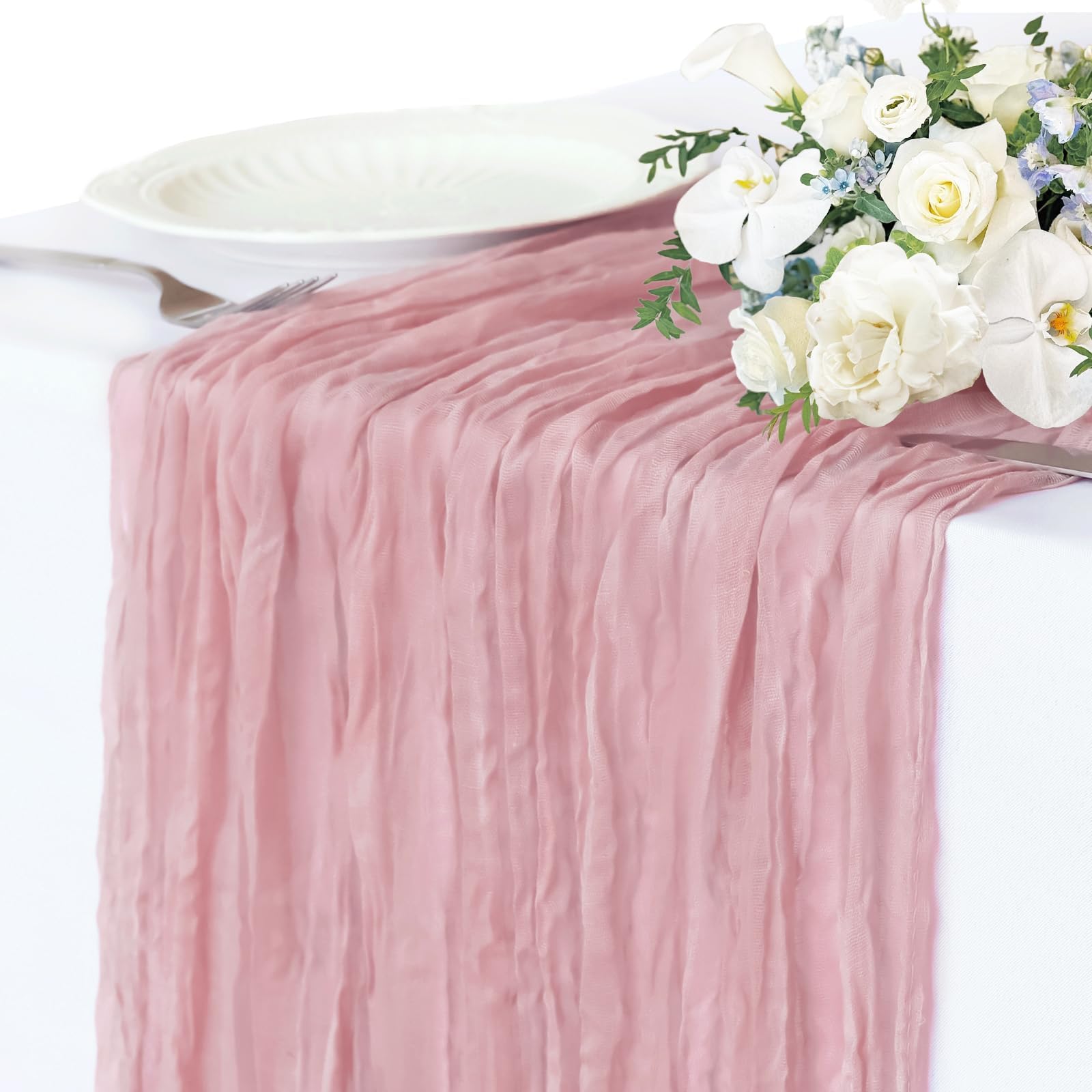 Pink Cheesecloth Table Runner, 10FT Dusty Pink Boho Gauze Table Runner for Spring Easter Mother's Day Baby Shower Bridal Shower Wedding Tea Party Table Centerpiece Decorations