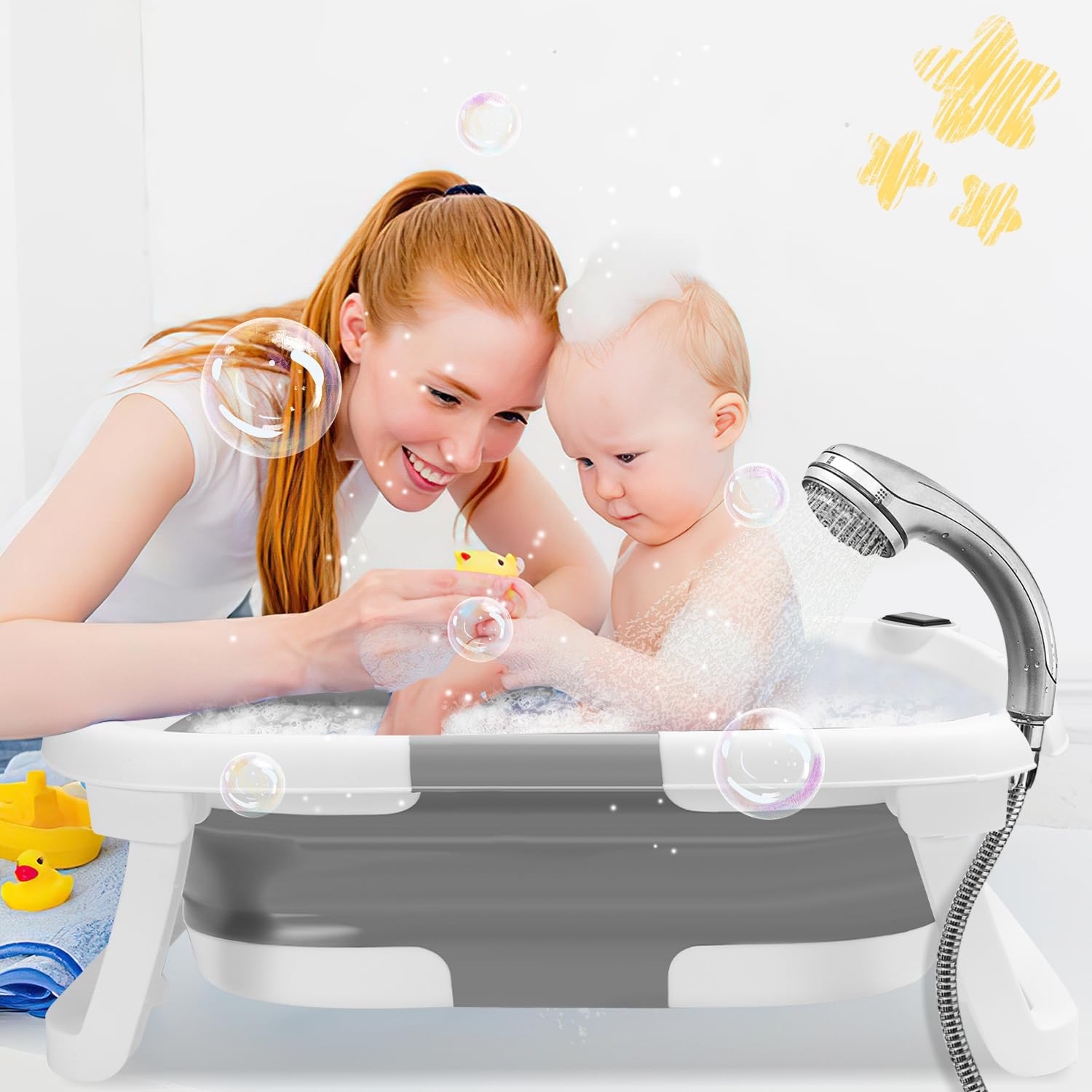 Daromigo Faltbare Babybadewanne, mit Thermometer, Baby Badewanne mit Weichem Badekissen,Rutschfestem Ständer, Platzsparend, für Neugeborene Monate, Grau