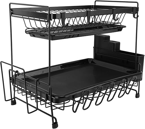 Dish Drying Rack and Drainboard Set, 2 Tier Large Dish Rack, Stainless Steel Dish Drainer for Kitchen Counter with Wine Glass Holder, Counter Plate