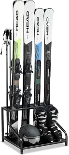 FHXZH Freestanding Ski Storage Rack for Garage - Holds 4 Pairs Skis, Poles, Boots, Helmets, Goggles - Heavy Duty Steel Organizer