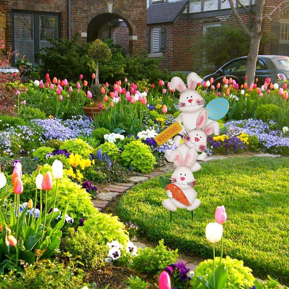 hogardeck Easter Decorations Outdoor, 37 Inch 3 Stacked Cute Bunny Decorative Garden Stakes with Egg for Spring Decor, Welcome Metal Easter Yard Sign for Home Outside Lawn Front Porch Lawn Backyard - Image 3