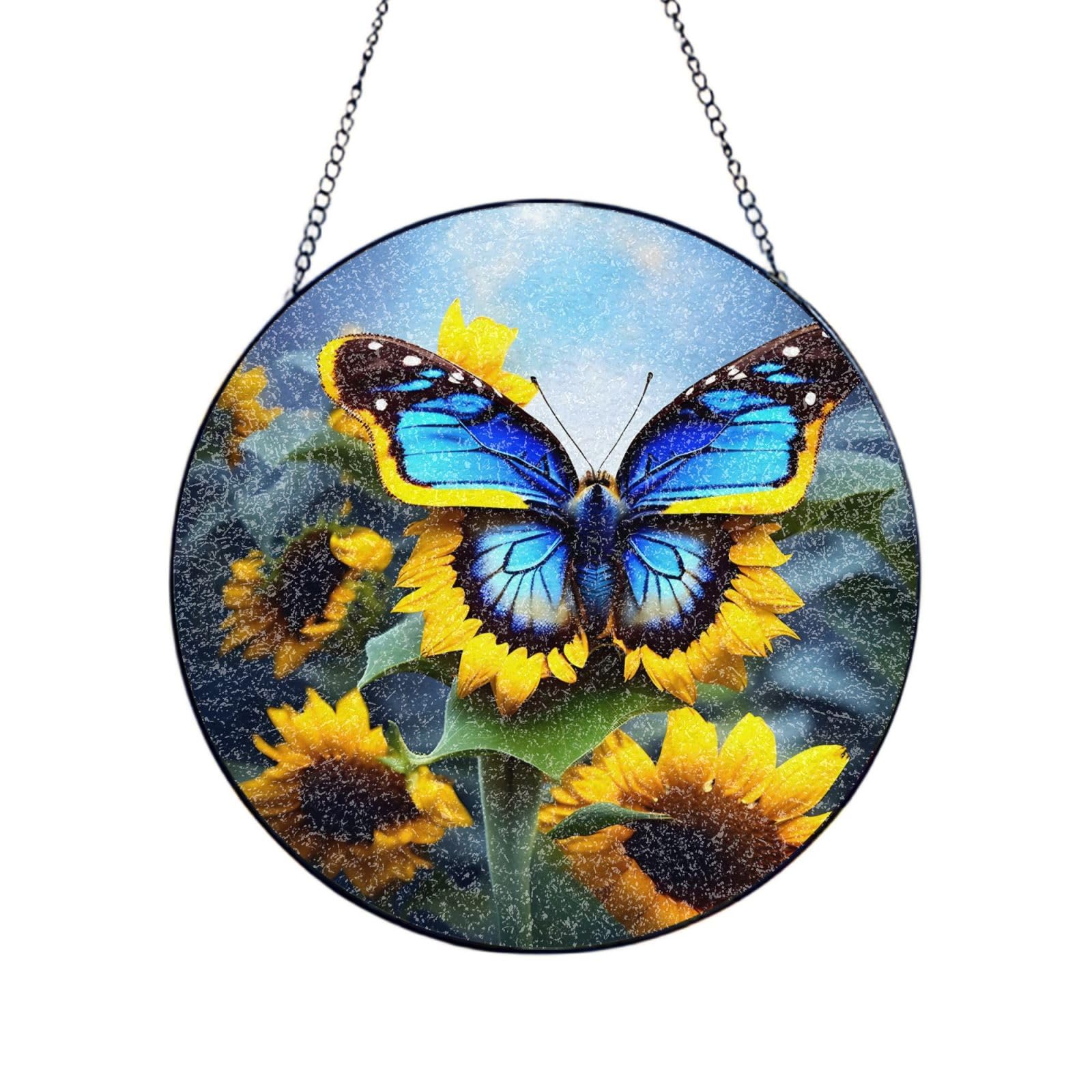 Phayah Sunflower Blue Butterfly Print Glass Window Hanging Round Suncatcher Glass Ornament Garden Wall Fence Decorations Indoor Outdoor 4in（10cm）