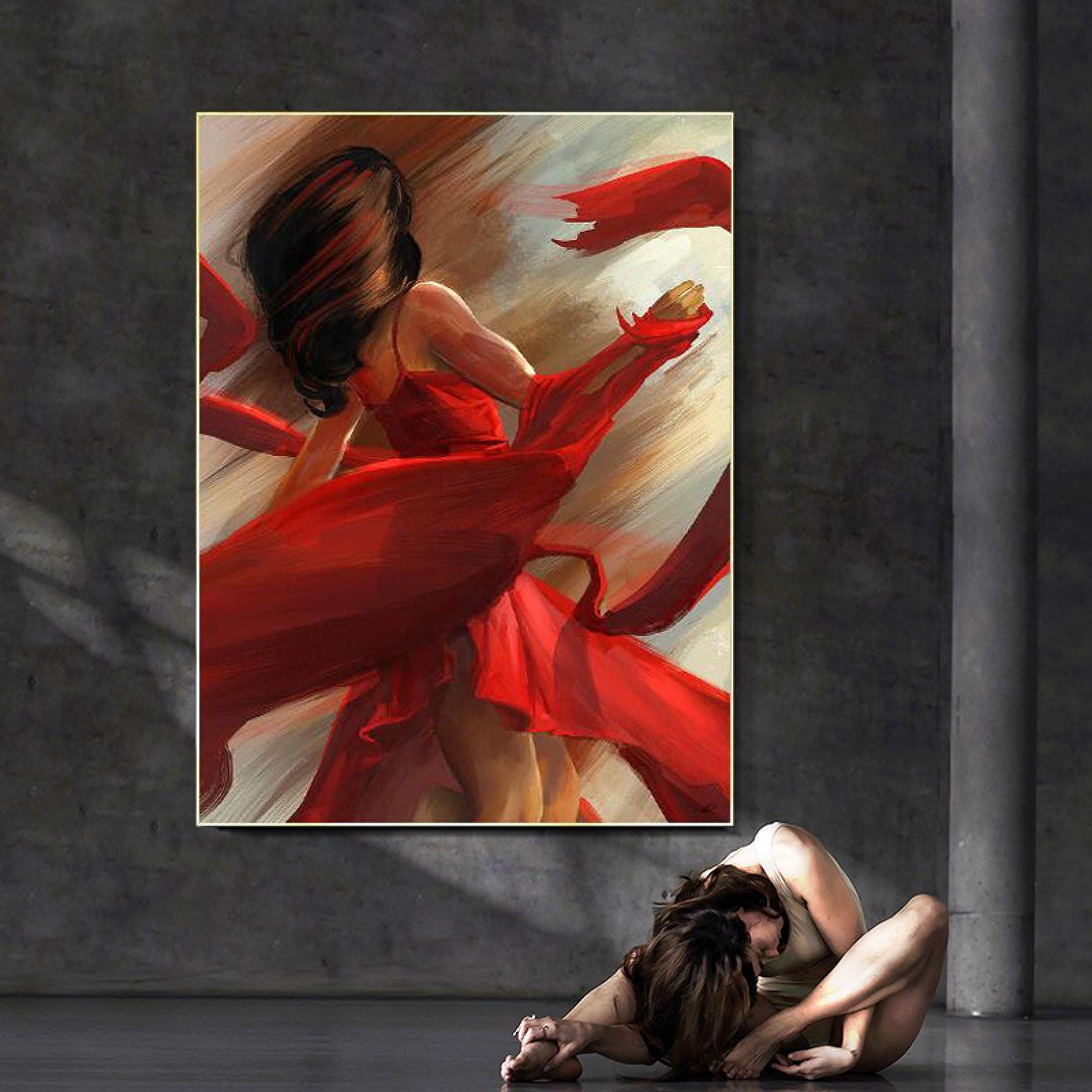 Amazon.co.jp: ヴィンテージキャンバス絵画モダンな赤いドレス踊る女性 