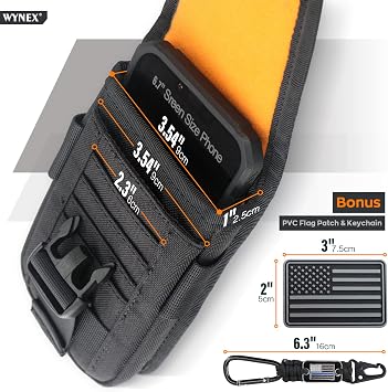 WYNEX Tactical Molle Phone Pouch with Compass Buckle, Tactical Phone Holster Molle Cell Phone Pouch Universal Belt Waist Bag for IP 15/14/13 Pro Max / S22/S21 with US Patch & Paracord Keyring Clip