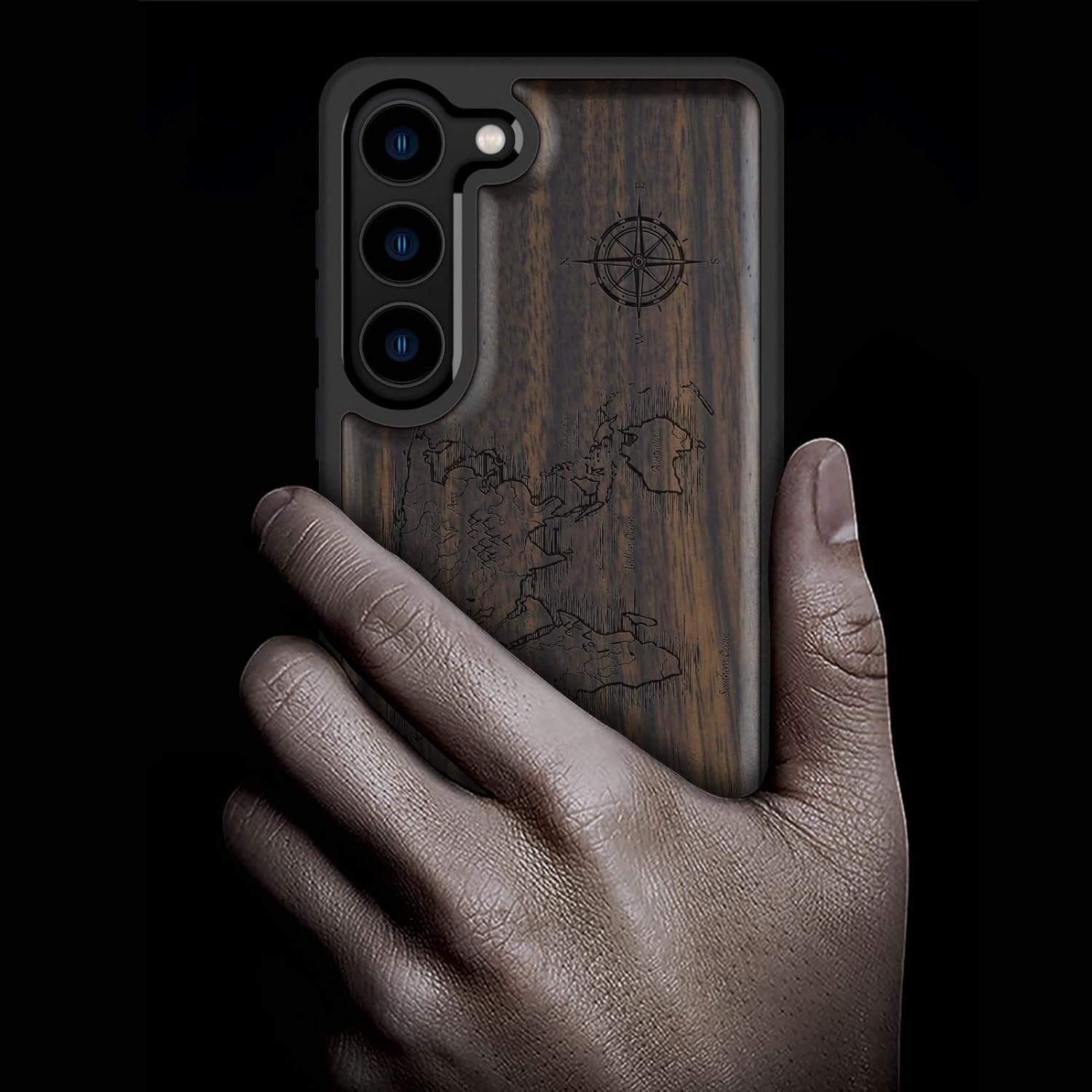 Carveit Wood Case for Galaxy S23 Case [Natural Wood & Black Soft TPU] Shockproof Protective Cover Unique & Classy Wooden Design Compatible with Samsung S23 (Compass Maps-Blackwood)