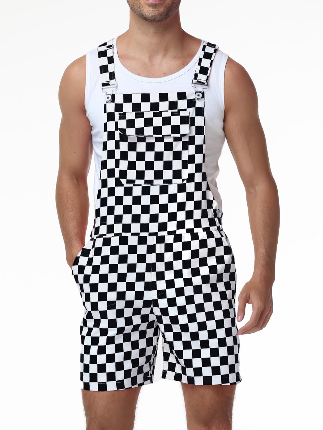 Checkered Bib Overalls for Men - Shorts Jumpsuit Work Coveralls with Adjustable Straps