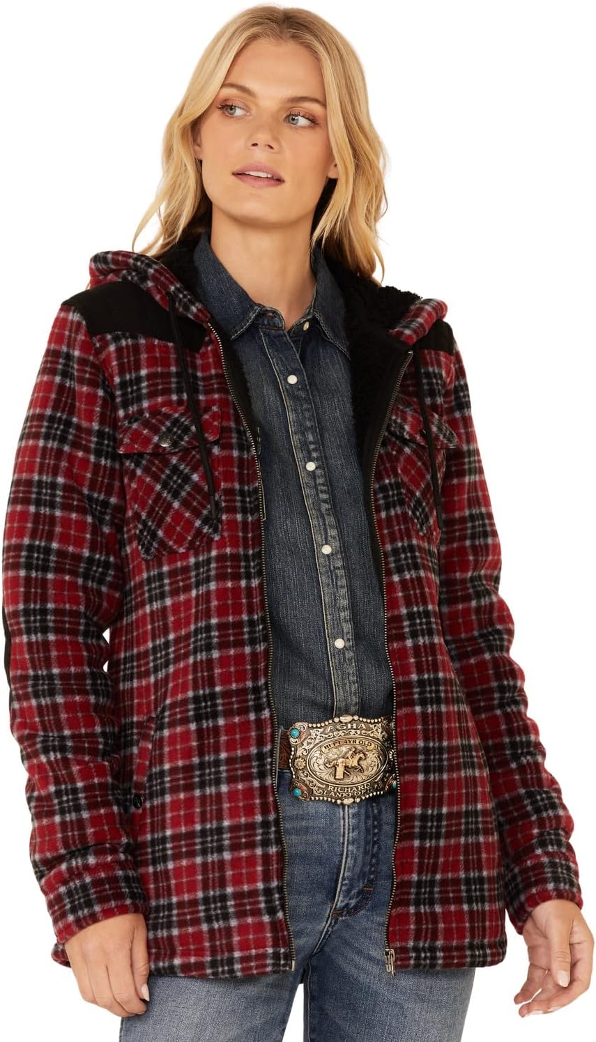 Powder River Outfitters Women's Plaid Berber Fleece Zip-Front Hooded Jacket Red Small