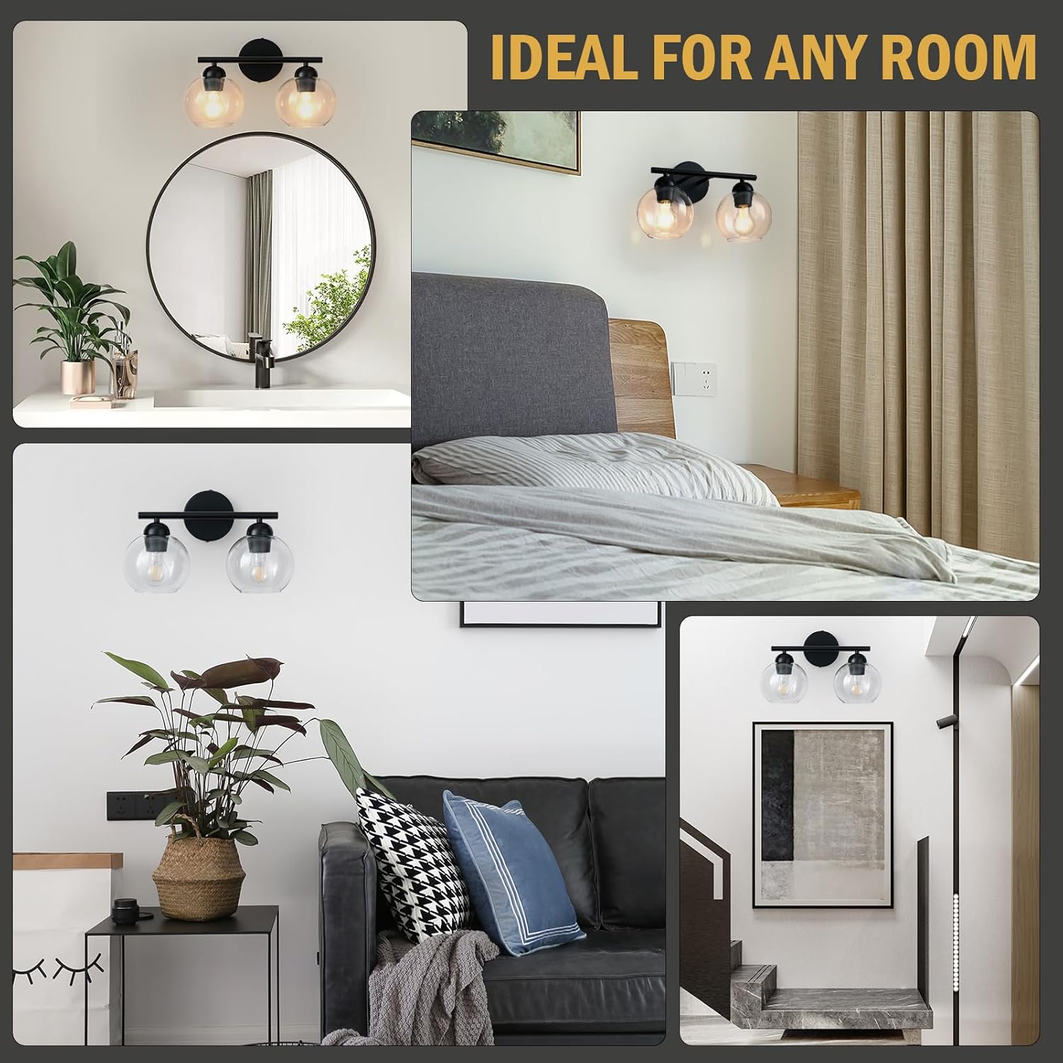 Black Bathroom Light Fixtures, 2 Light Bathroom Vanity Light with Globe Glass Shades, Modern Farmhouse Vanity Lights Over Mirror, Matte Black Wall Lights for Bedroom Restroom, E26 Socket