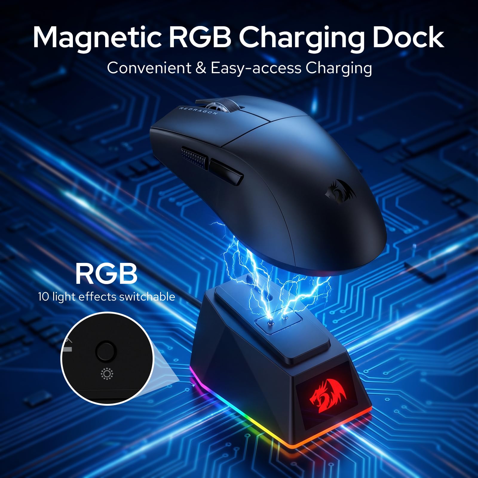 Redragon M999 Gaming Mouse, 2.4GHz/BT/Wired, Nero, Base di Ricarica