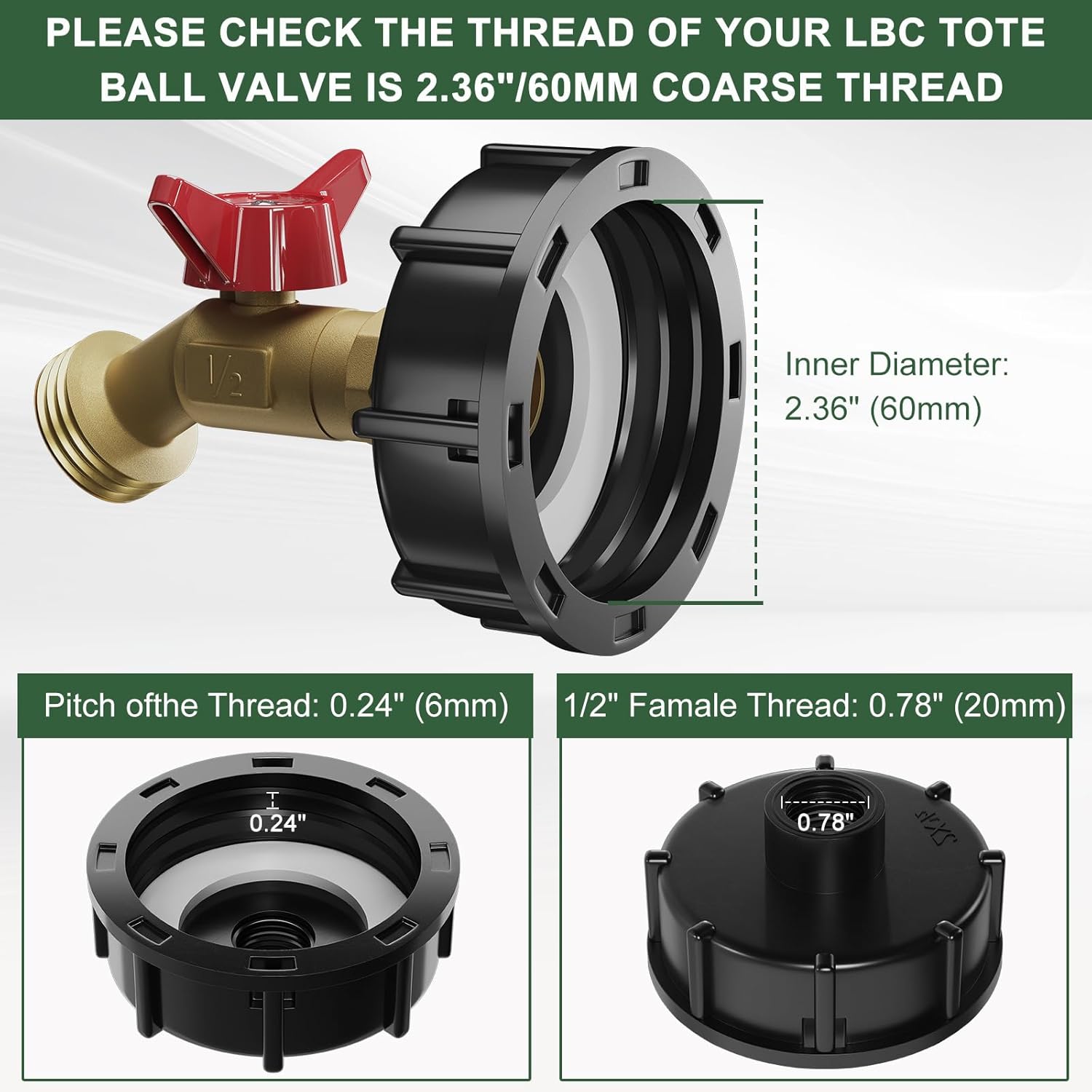 IBC Tote Adapter - 275 330 Gallon Water Tank Adapter with 2.36" Coarse Thread, IBC Tote Fittings, IBC Tote to Garden Hose Adapter with Lead-Free Brass Faucet, Water Tote Hose Adaptor for Garden Hose