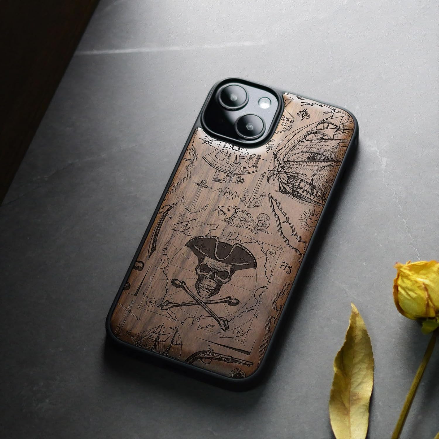 Carveit Magnetic Wooden Case for iPhone 15 Case, Compatible with MagSafe Wireless Chargers, Black Soft TPU Shockproof Cover & Wood Artisan Engraved (Pirate Flag) - Walnut