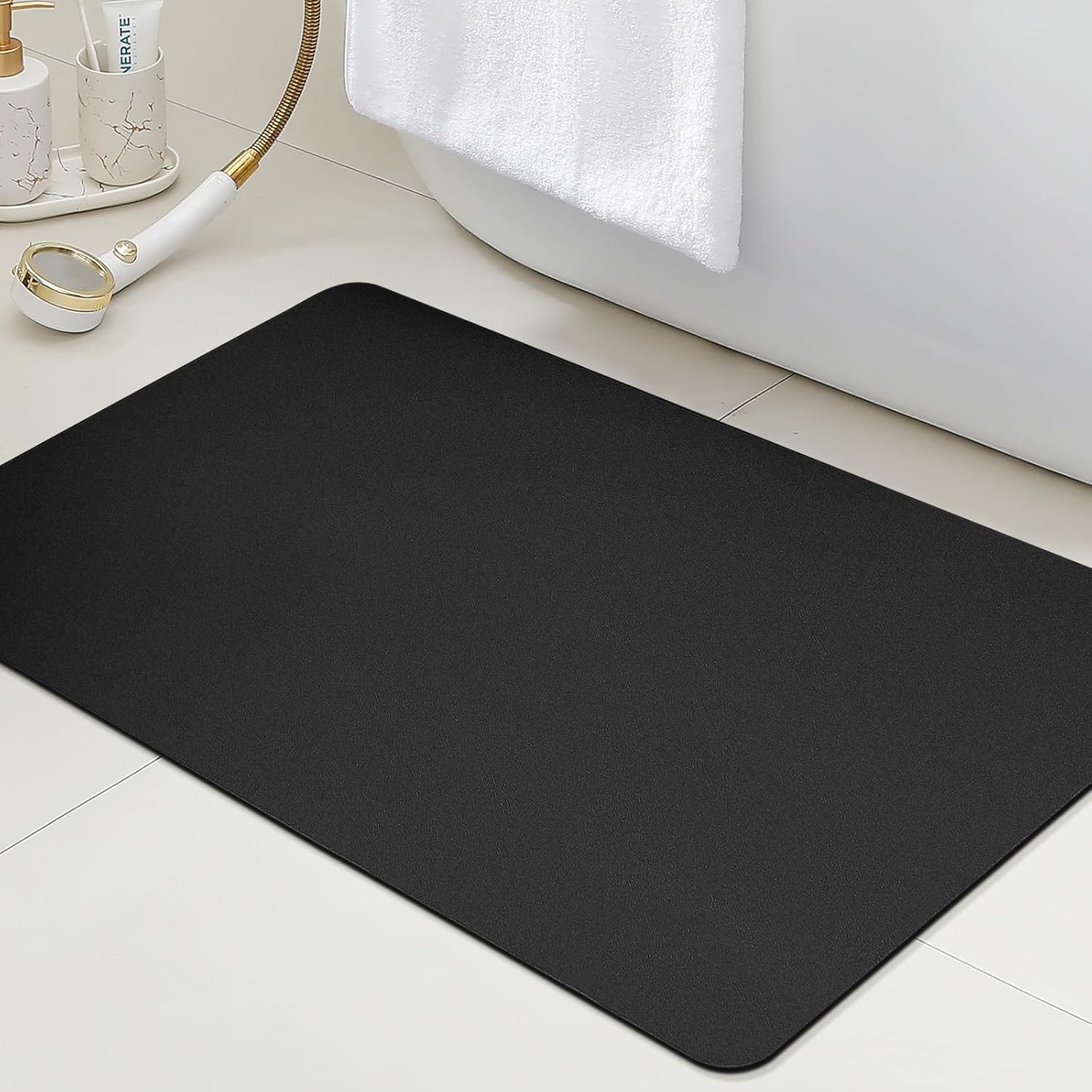 Ultra Thin Bath Mat, Upgrade Backing Non Slip Thin Bath Mats Fit Under Door, Quick Dry Ultra Absorbent Bathroom Rugs, Machine Washable Bath Rugs for Bathroom, Bathtub & Kitchen, Black/Solid/24"x17"