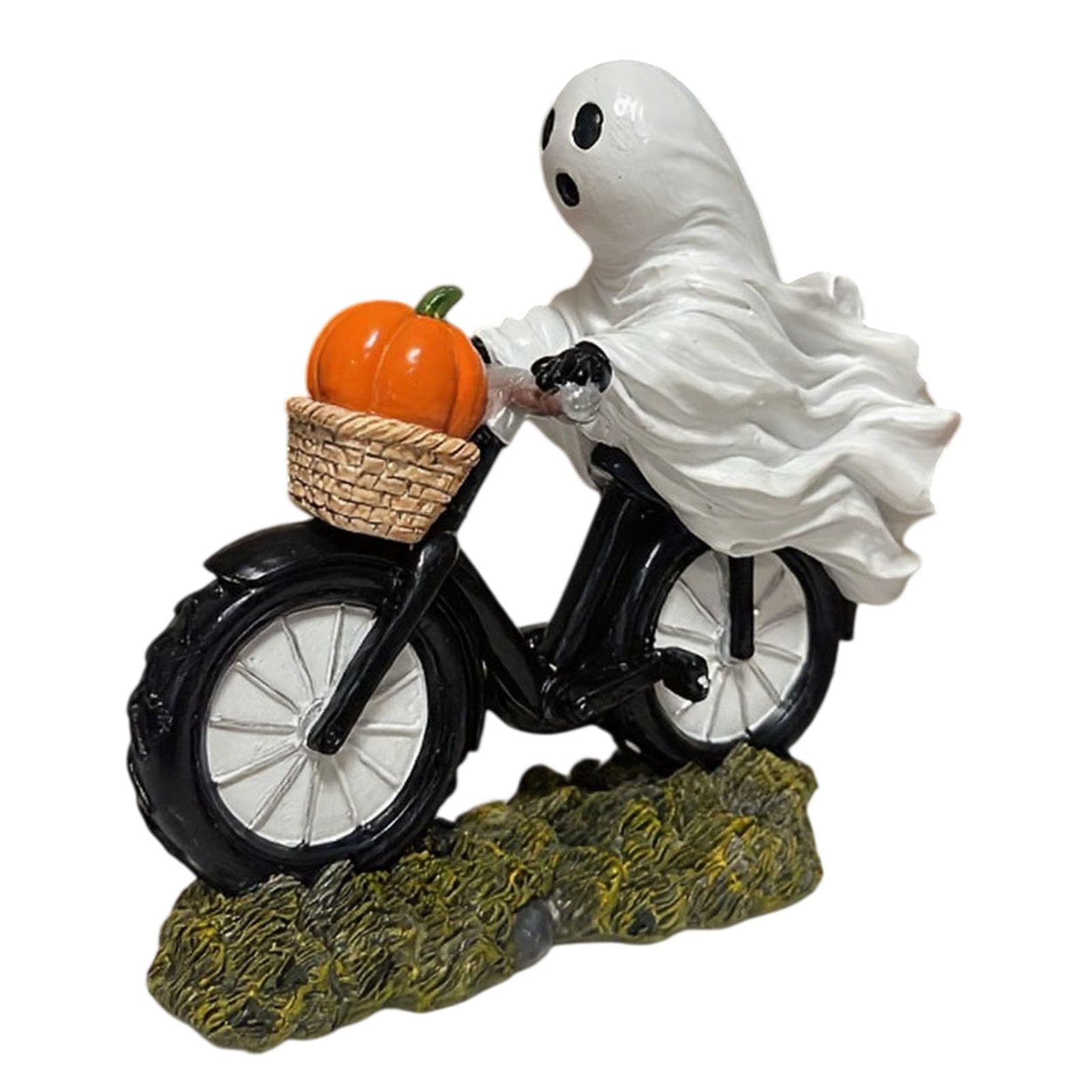 ZhzeYun Halloween Ghost Riding Bicycle Figurine – Cute Spooky Resin Ghost Statue with Pumpkins, Novelty Desktop Tabletop Decor, Unique Holiday Centerpiece for Home Office 1pc