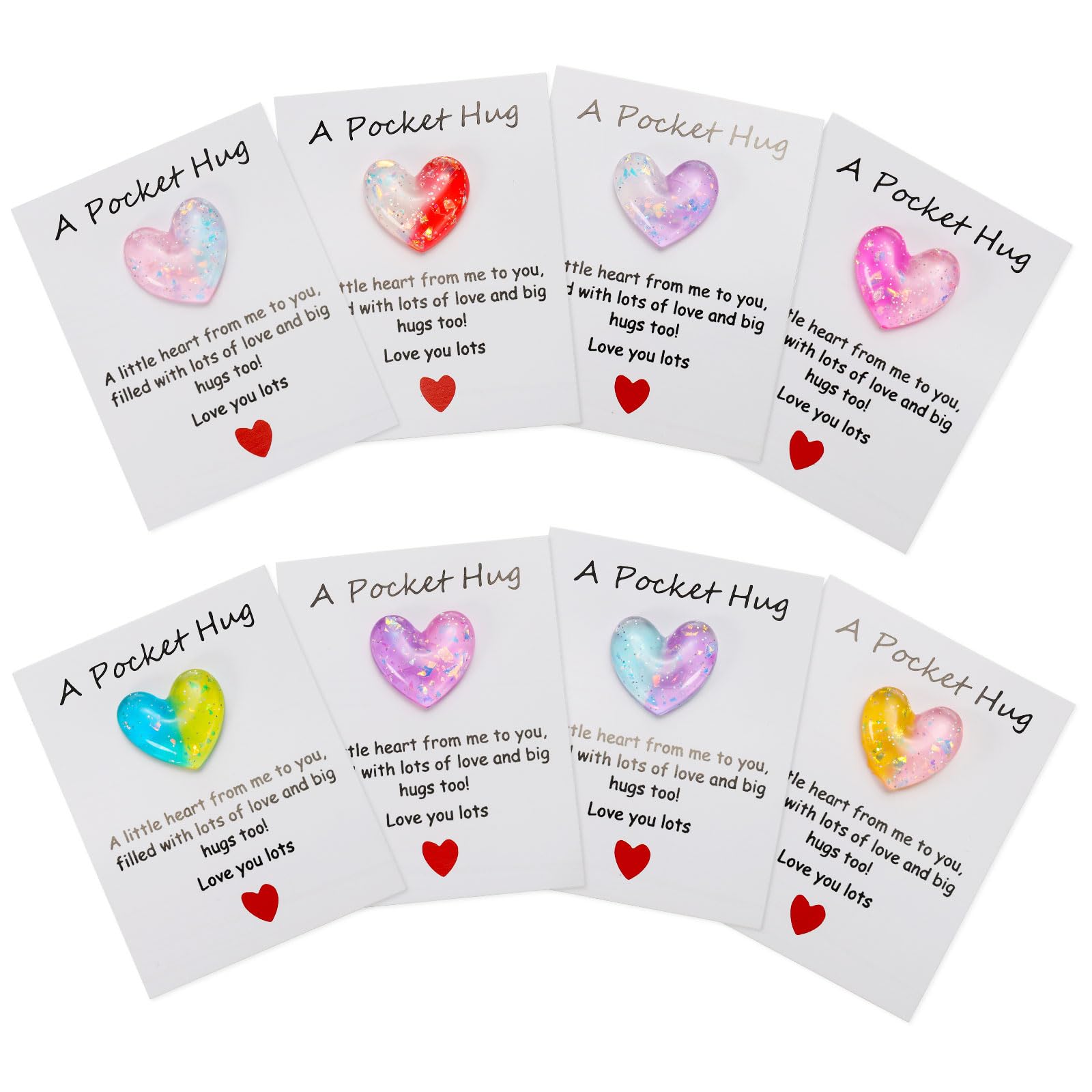 PATIKIL 8 Pack Pocket Hug Heart with Greeting Card, Pocket Hug Token Love Cards Cute A Little Resin Heart Shape Bulk for Friends Long Distance Relationship Gifts, 8 Color