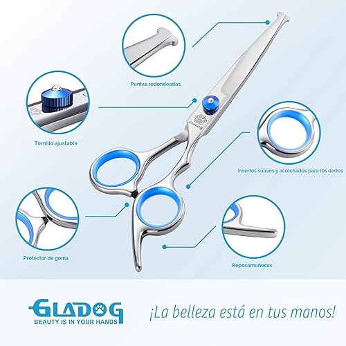Miniatura 2 de GLADOG Juego de tijeras profesionales 5 en 1 para aseo de perros con puntas redondas de seguridad, tijeras afiladas y resistentes para el aseo