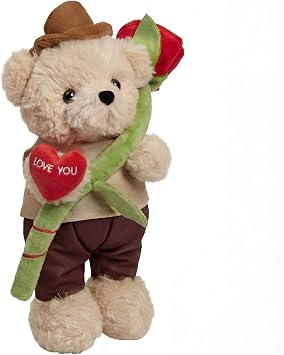 Rose Teddy Bear Stuffed Animal, 11 Inch Plush with Red Rose