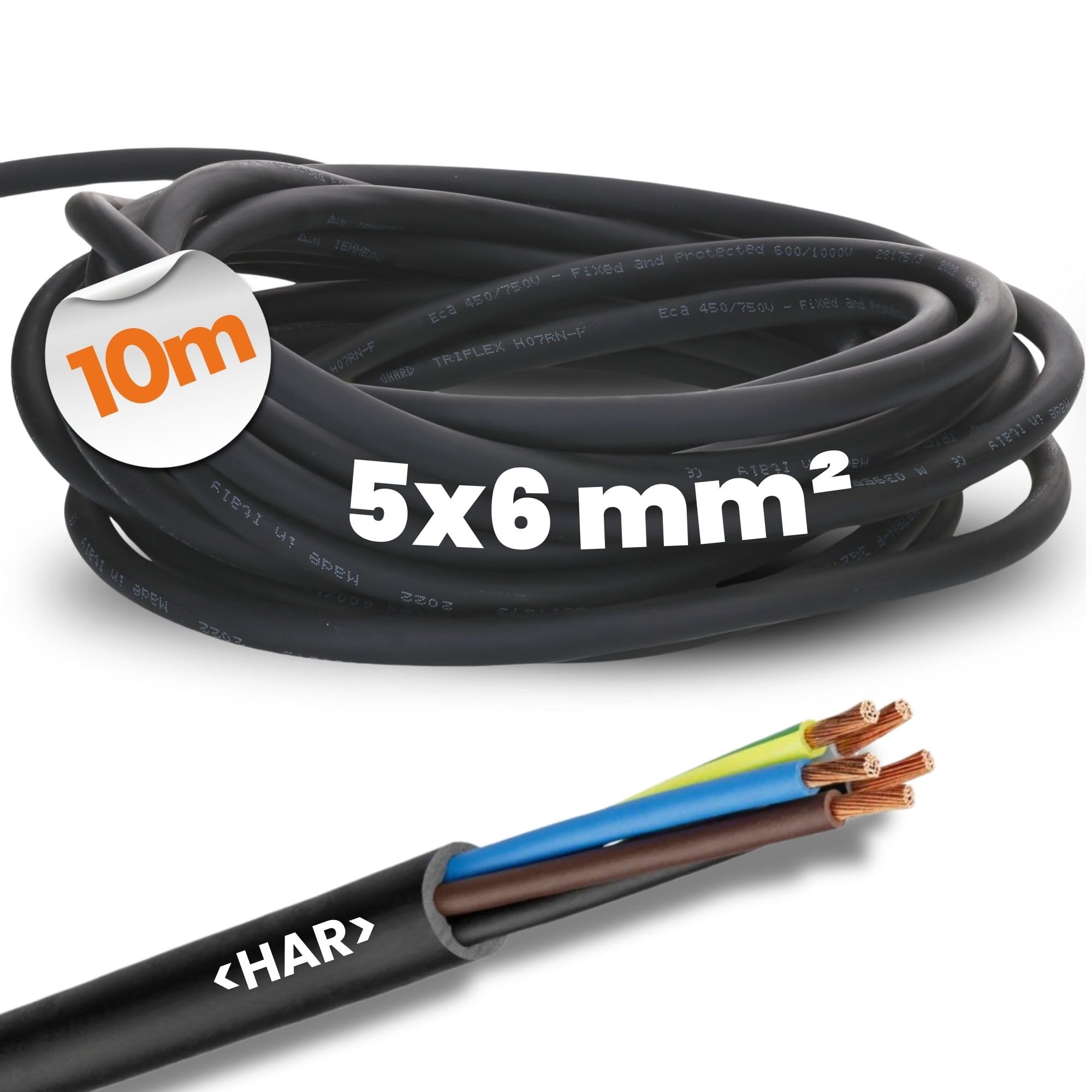 Lapp 5x6 mm² H07RN-F Cable de Goma Flexible - Negro Resistente UV | Manguera de cobre de alambre fino para exteriores e industria. Ignífugo, resistente al aceite y al frío. Tensión 450/750 V.